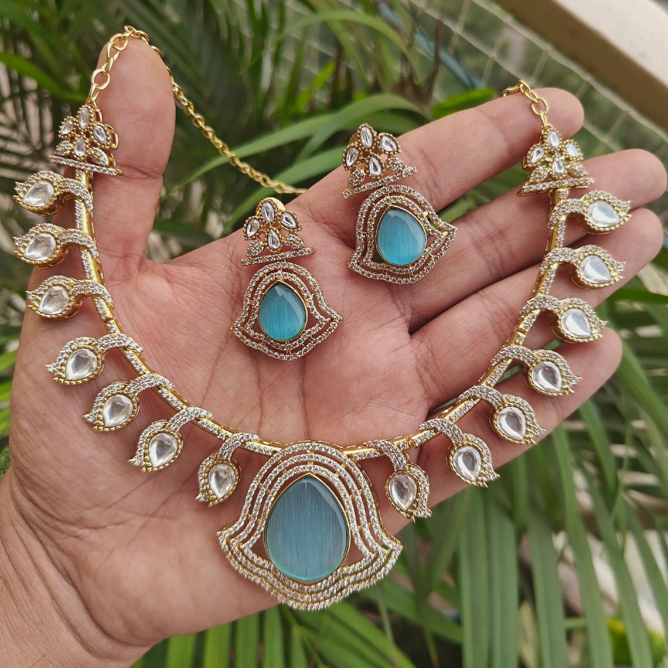 Khudaya Uncut Polki Necklace Set - Powder Blue