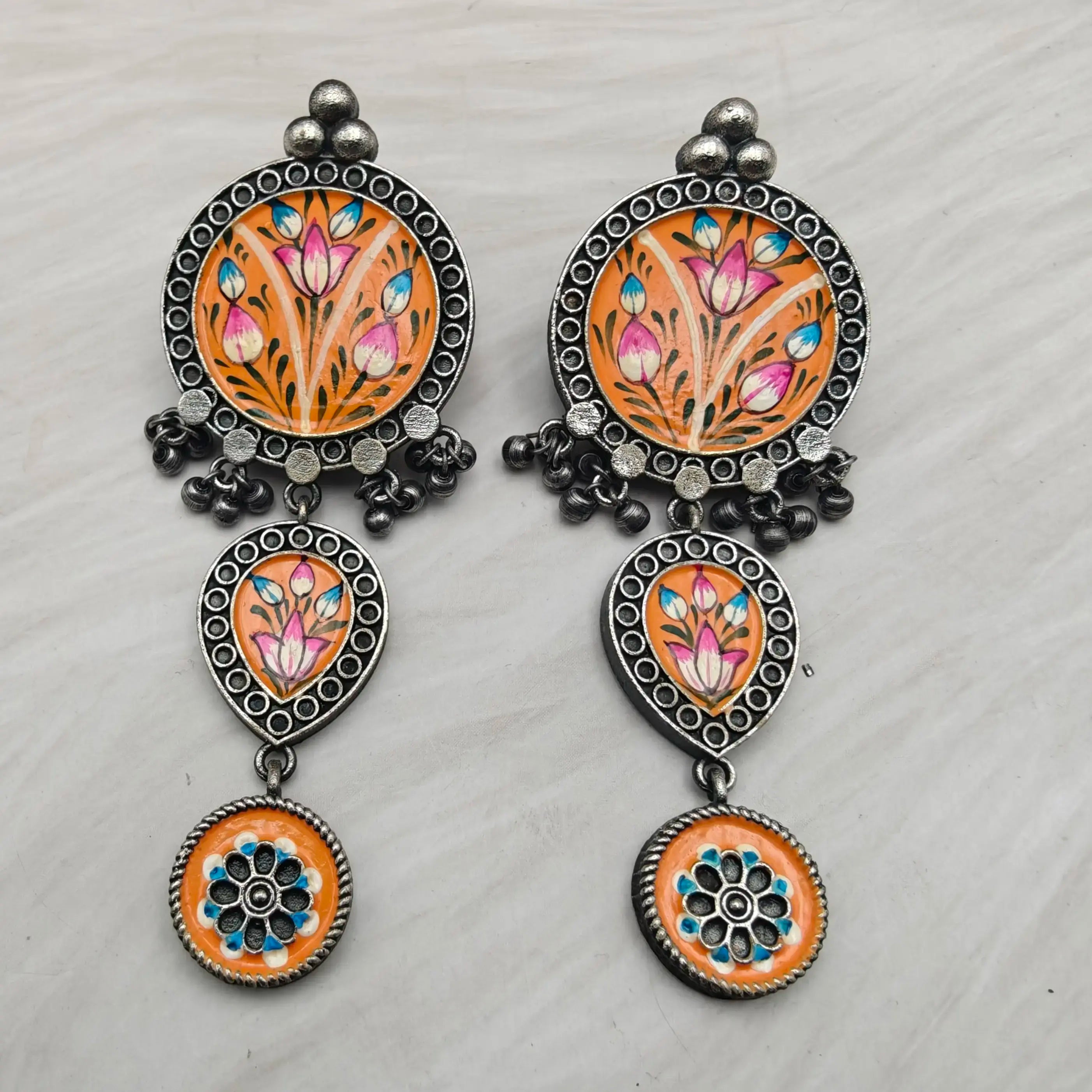 Tanjore Silver Replica Piya Earrings - Orange