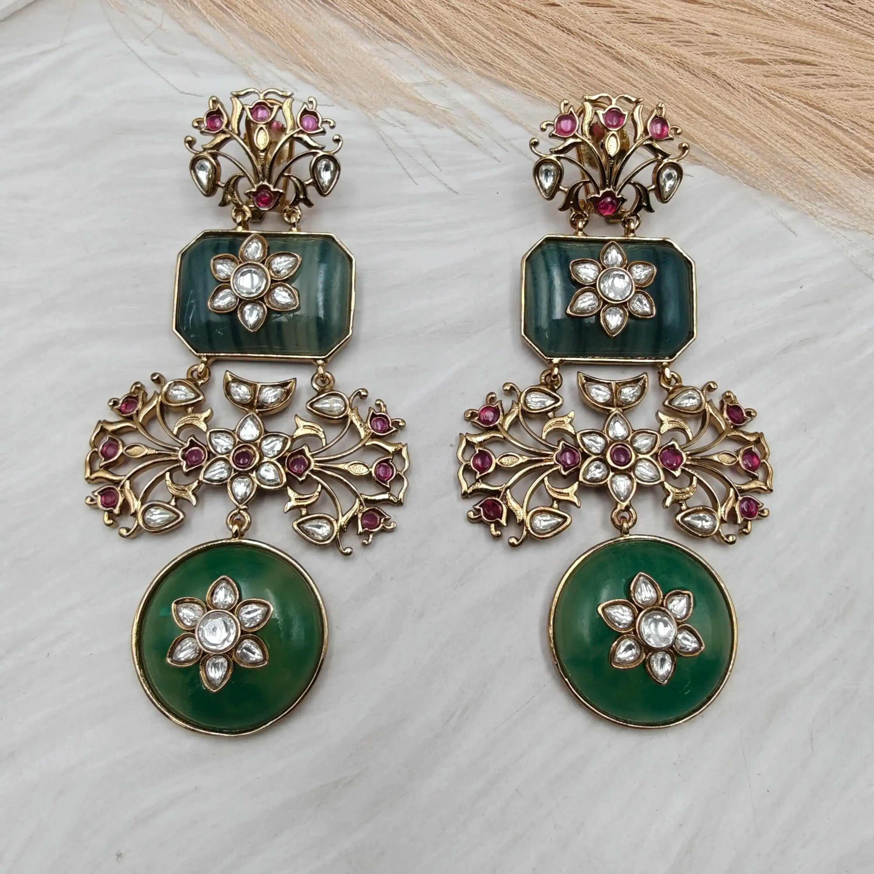 Sabyasachi Inspired Aarohi Regal Bloom Earrings - Green Ruby