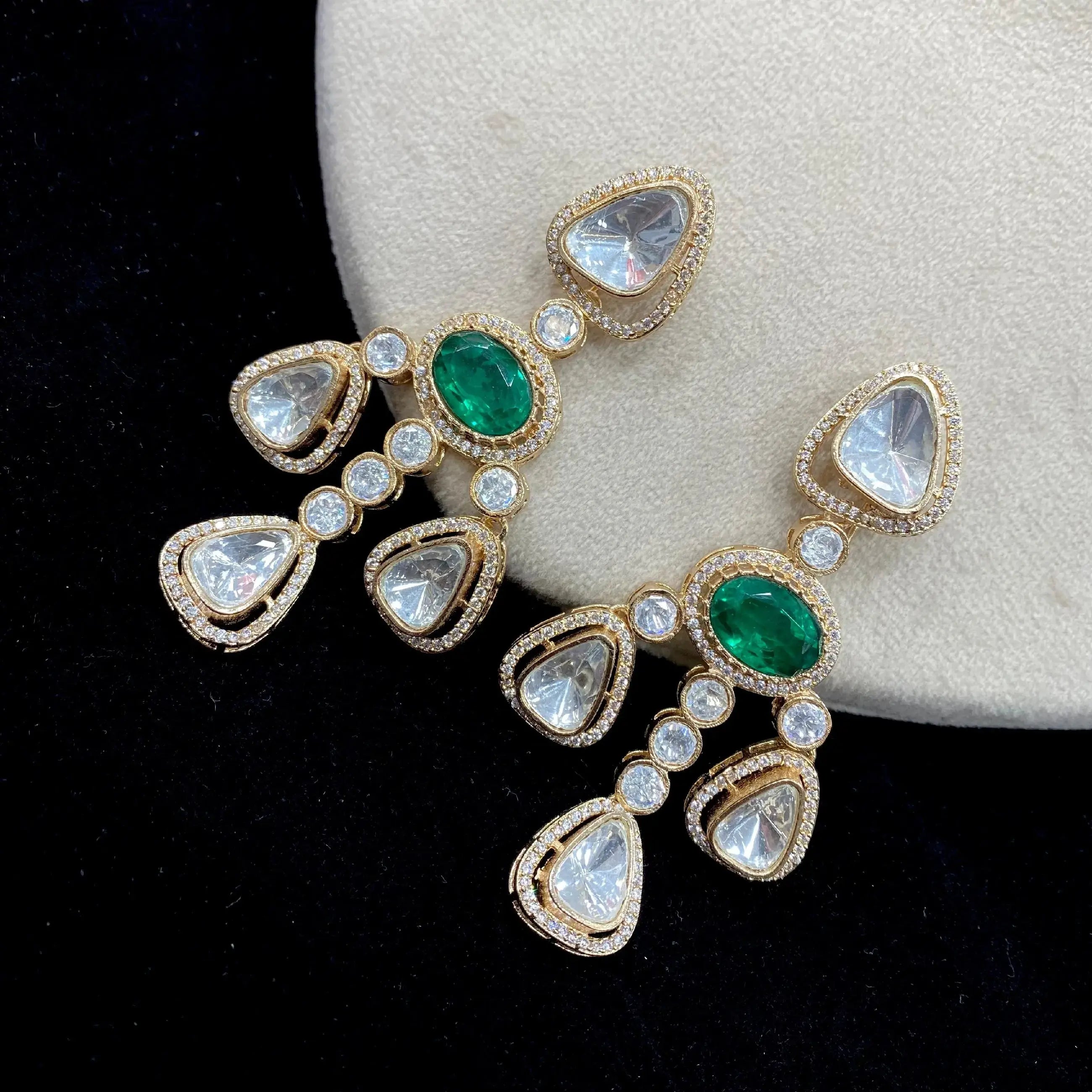 Irada Doublet Uncut Polki Moissanite Chandelier Earrings - Emerald Green
