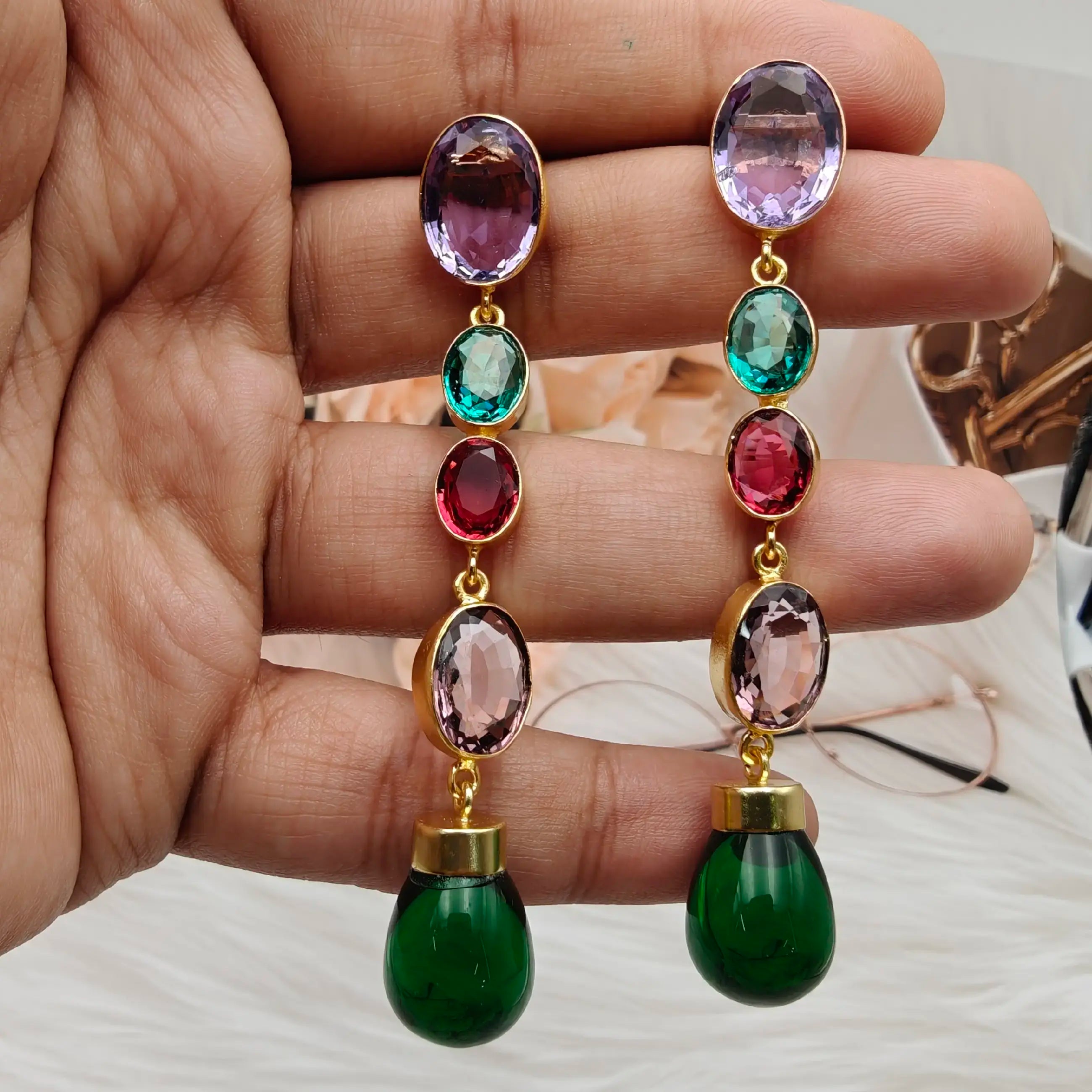 Khumaar Crystal Long Dangler- Olive Green Multi