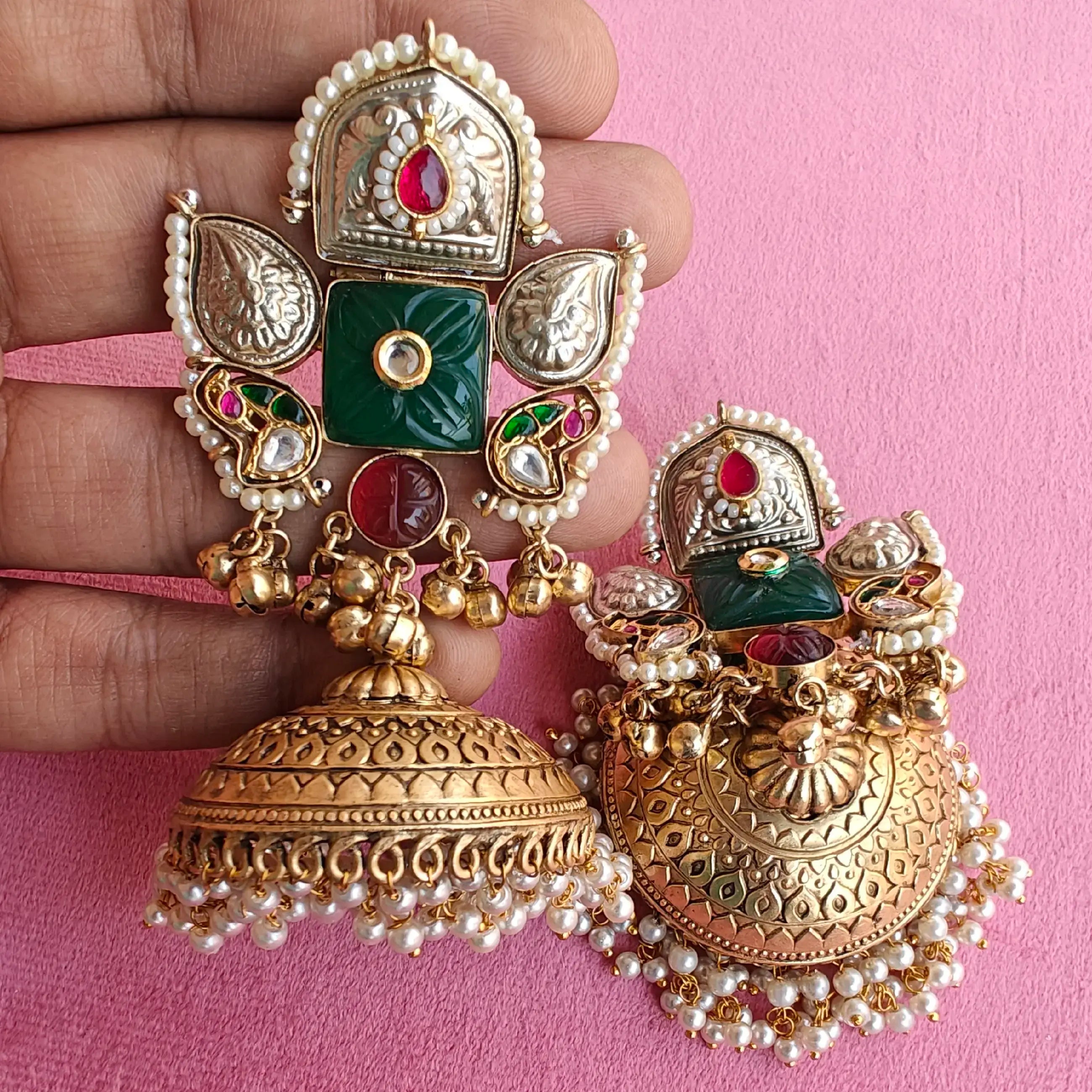Aashiqui Amrapali Brass Fusion Earrings - Green N Ruby
