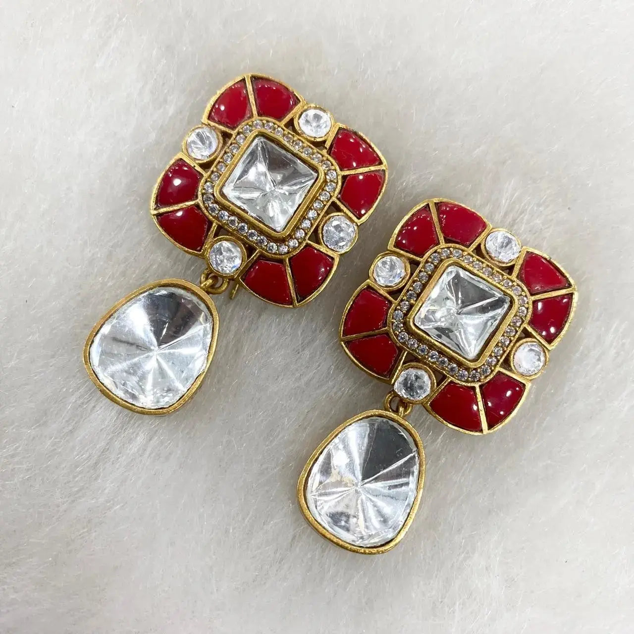 Urvi Takker Stone Uncut Polki Earrings - Coral Red