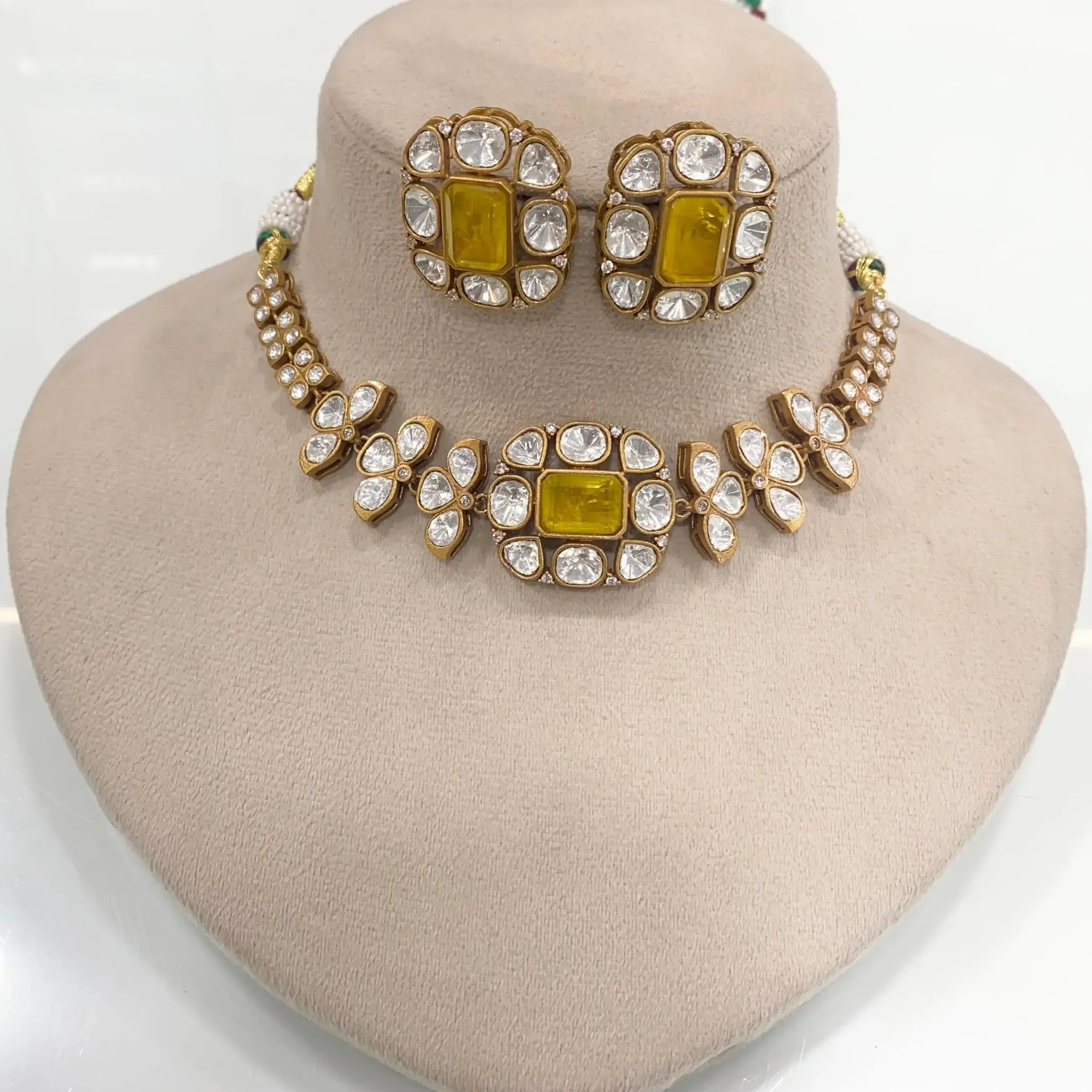 Noorani Uncut Polki Moissanite Doublet Choker Set - Yellow
