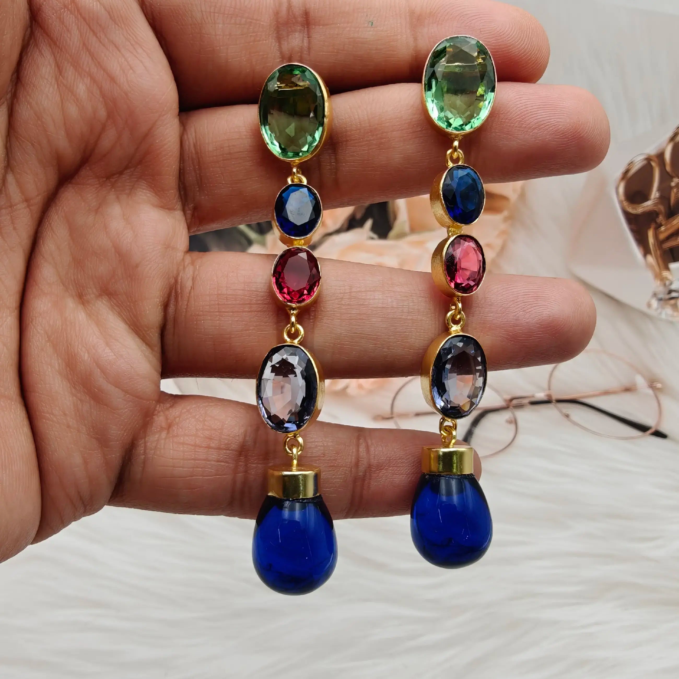 Khumaar Crystal Long Dangler- Blue Multi