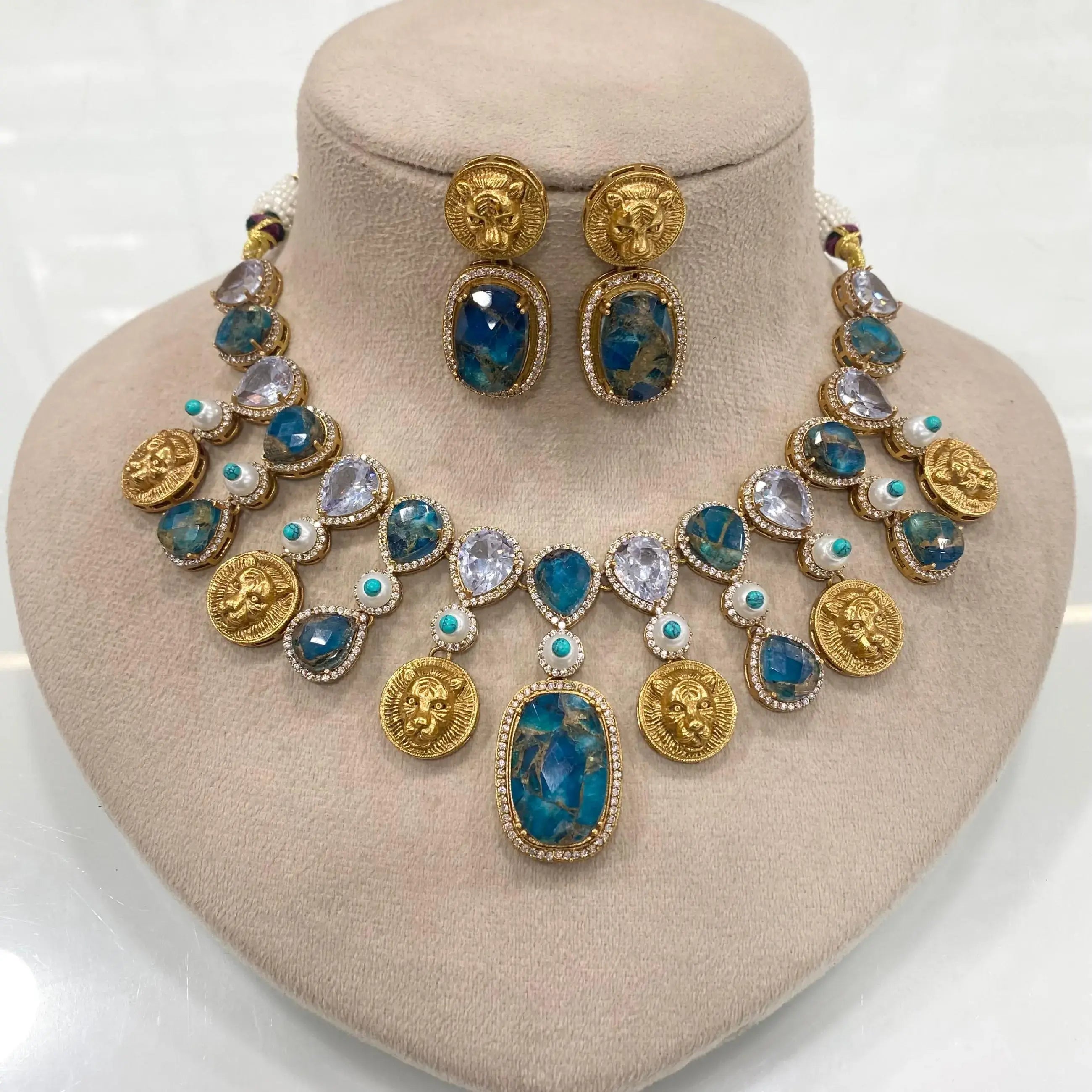 Sabyasachi Inspired Vrishali Tourmaline Doublet Necklace Set - Teal Blue