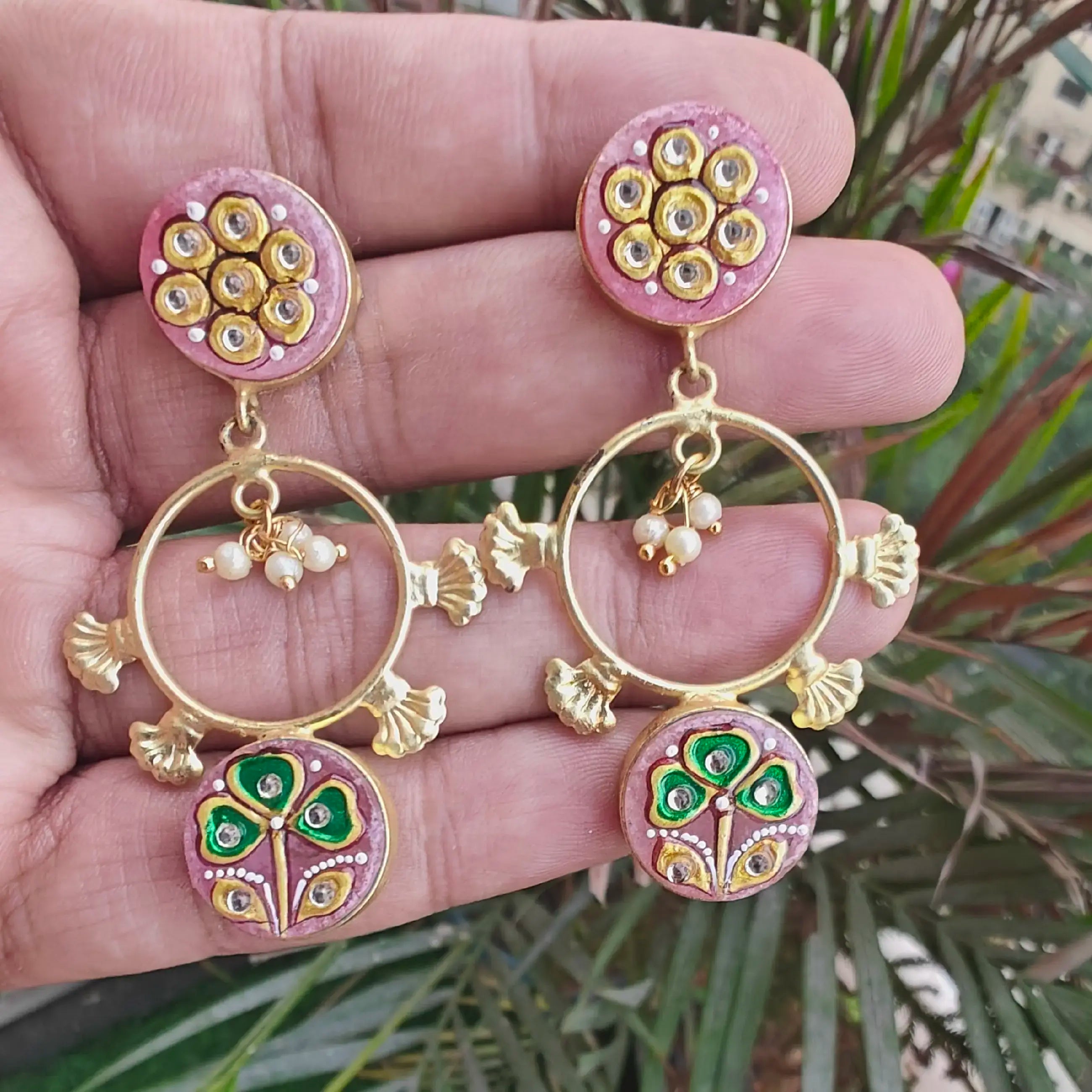 Tanjore Druzy Earrings- Pink