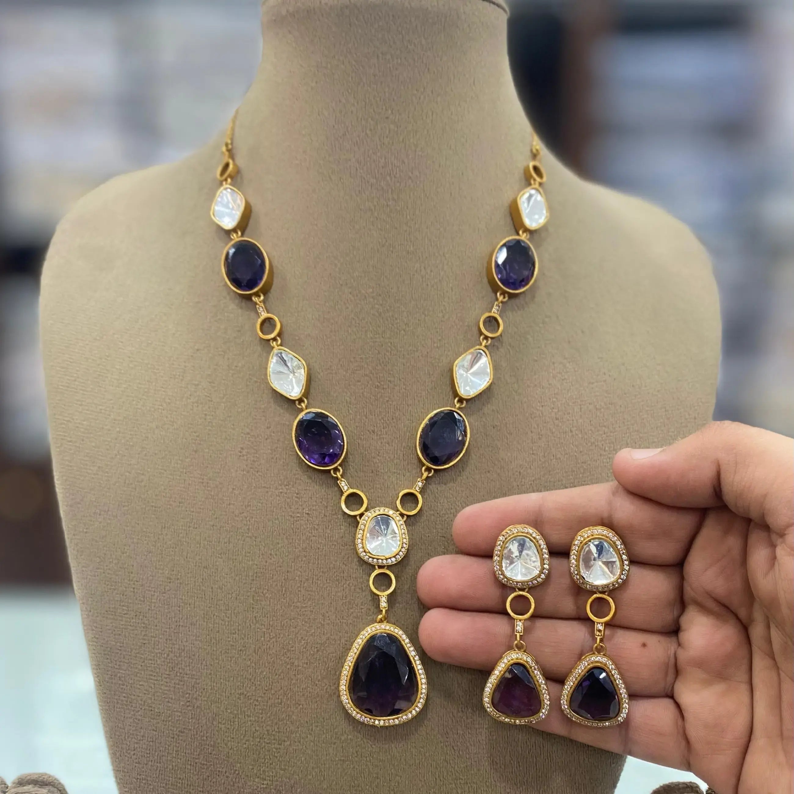 Shelly Uncut Polki Necklace Set - Purple