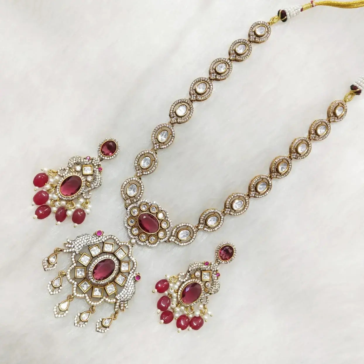 Hannah Uncut Polki Necklace Set- Ruby