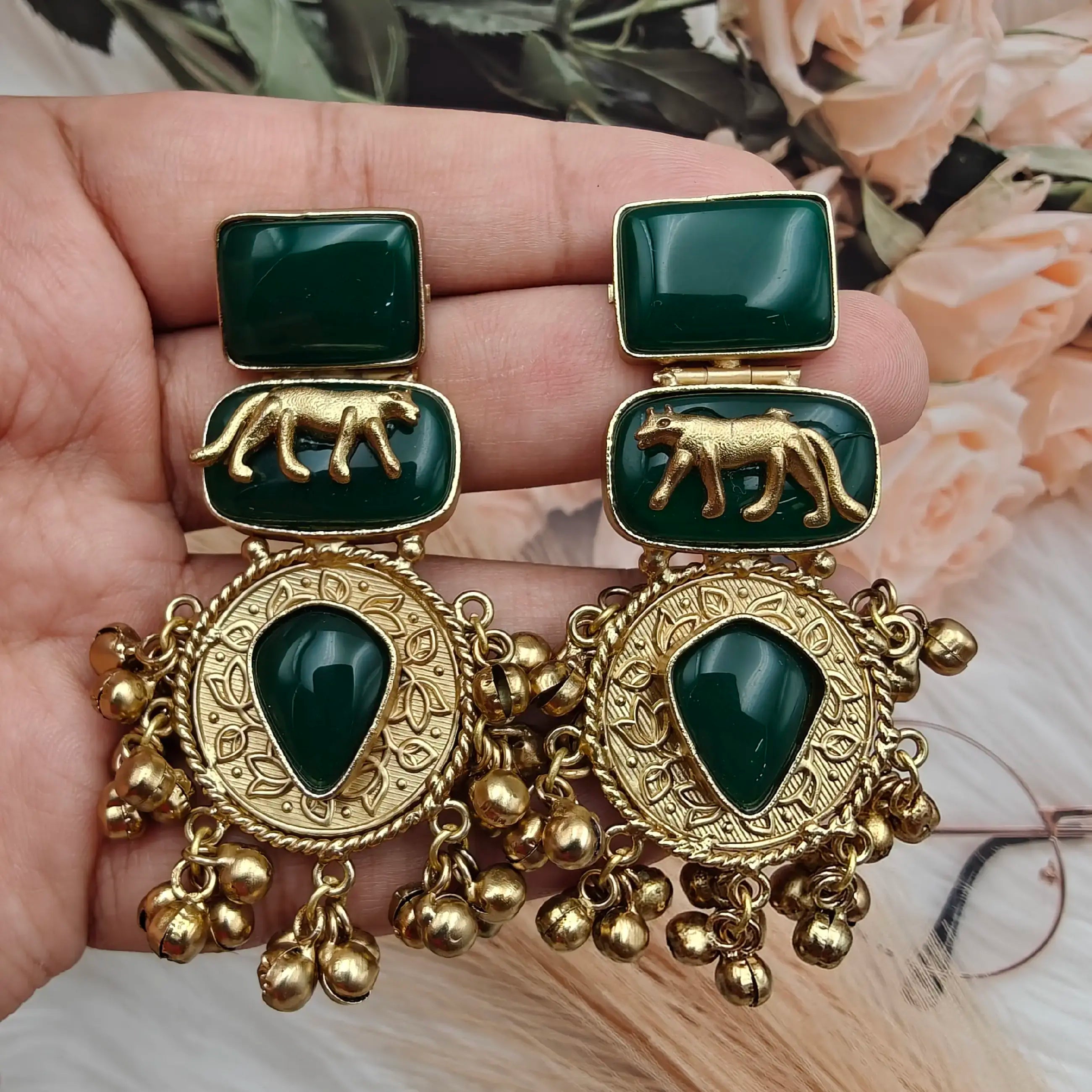 Sabyasachi Inspired Jaguar Amrapali Brass Fusion Earrings - Green