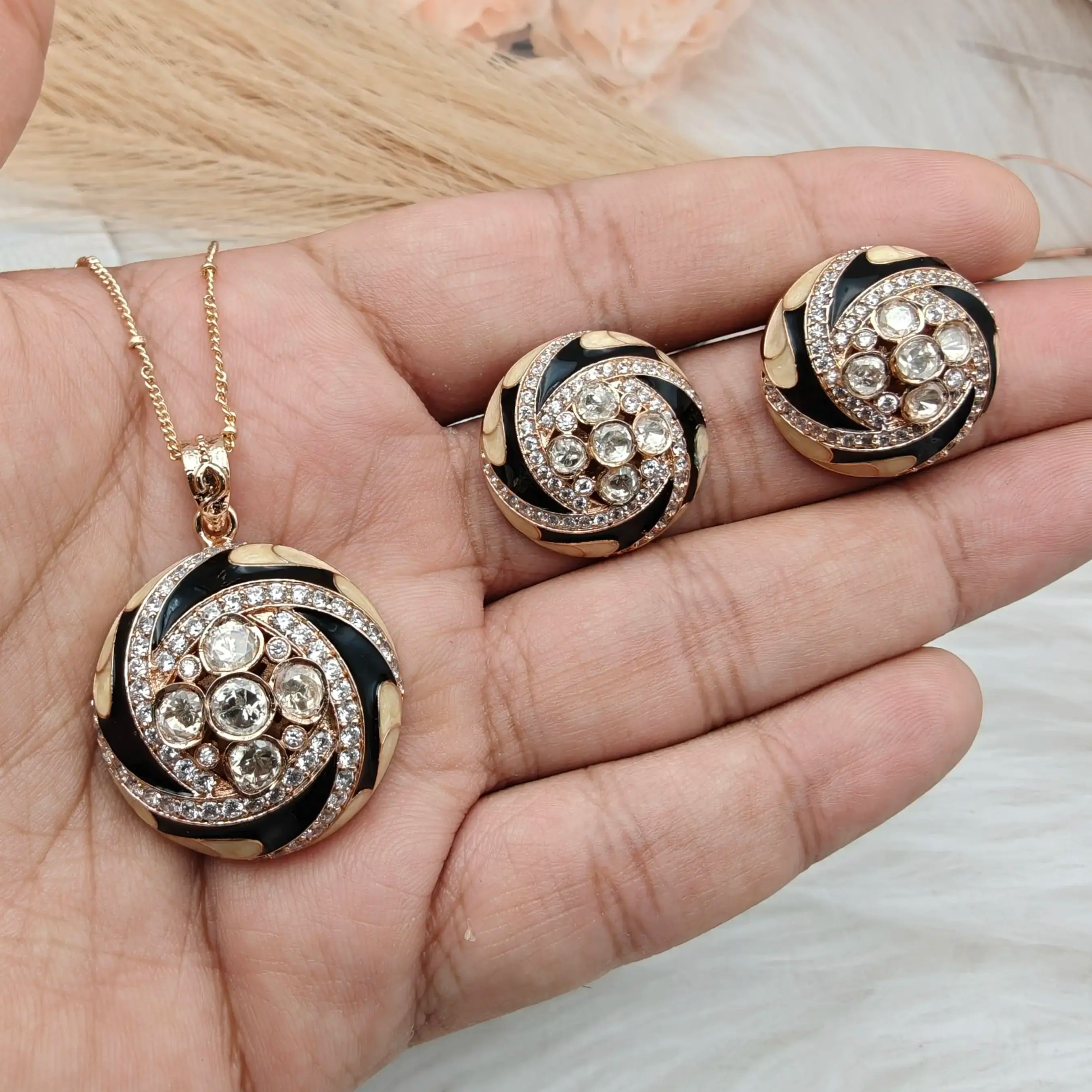 Aakruti Italian Enamel Moissanite Pendant Set - Black n Beige