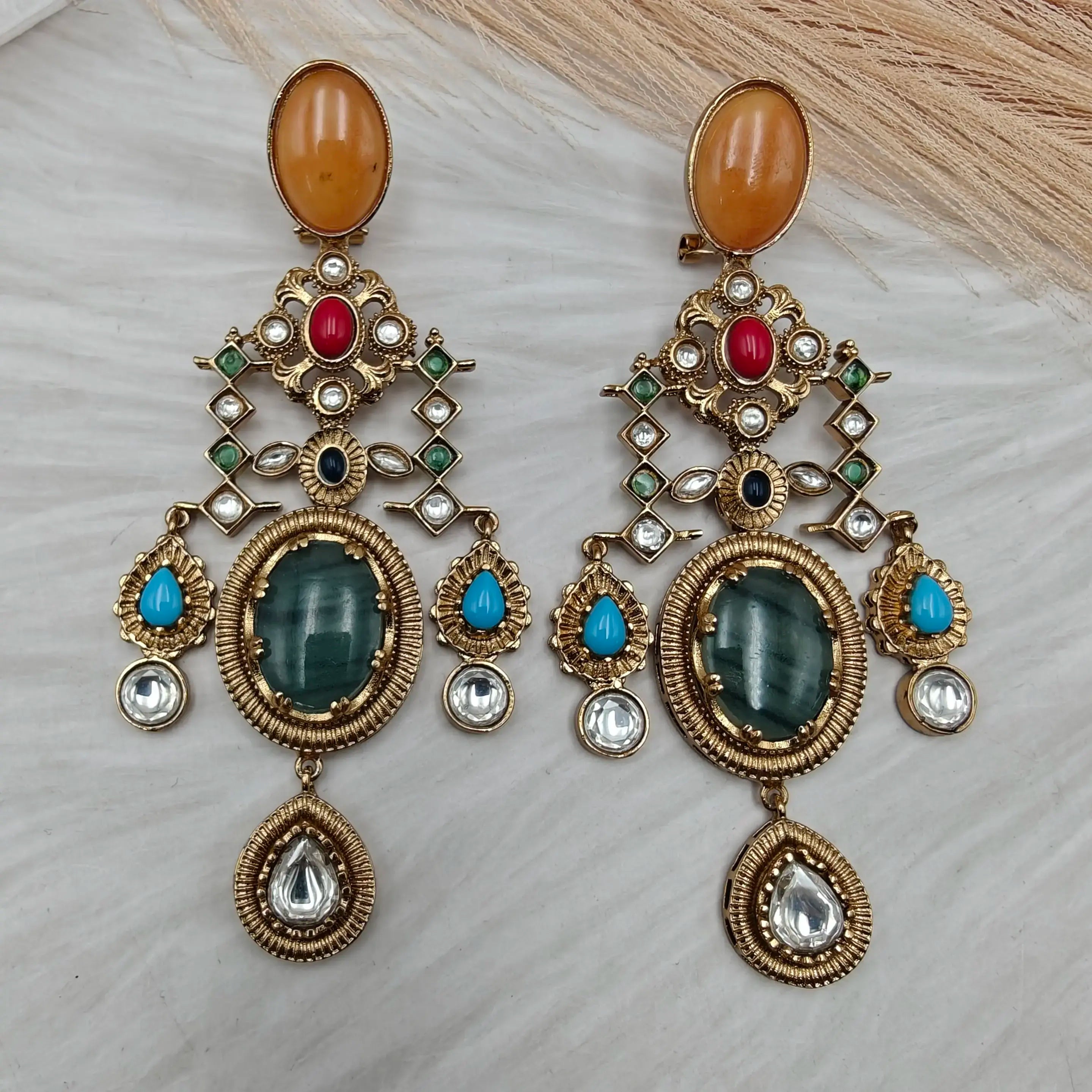 Sabya Inspired Ishaara Amrapali Earrings - Olive Green, Golden Yellow