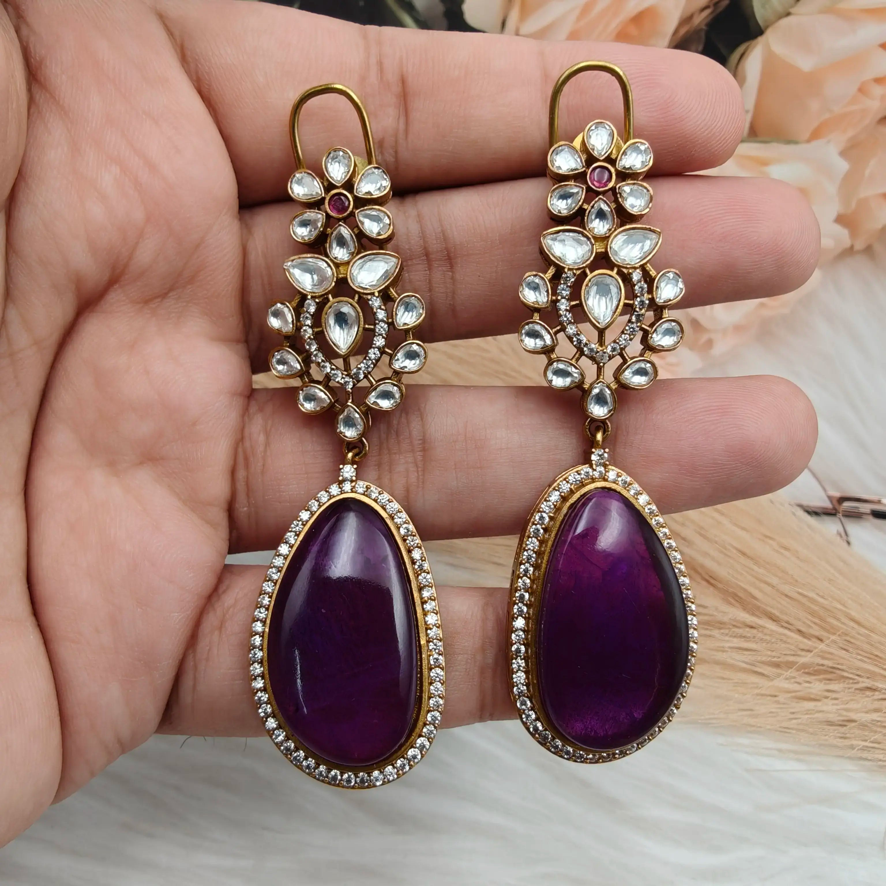 Atreyi Uncut Polki and Doublet Earrings - Purple