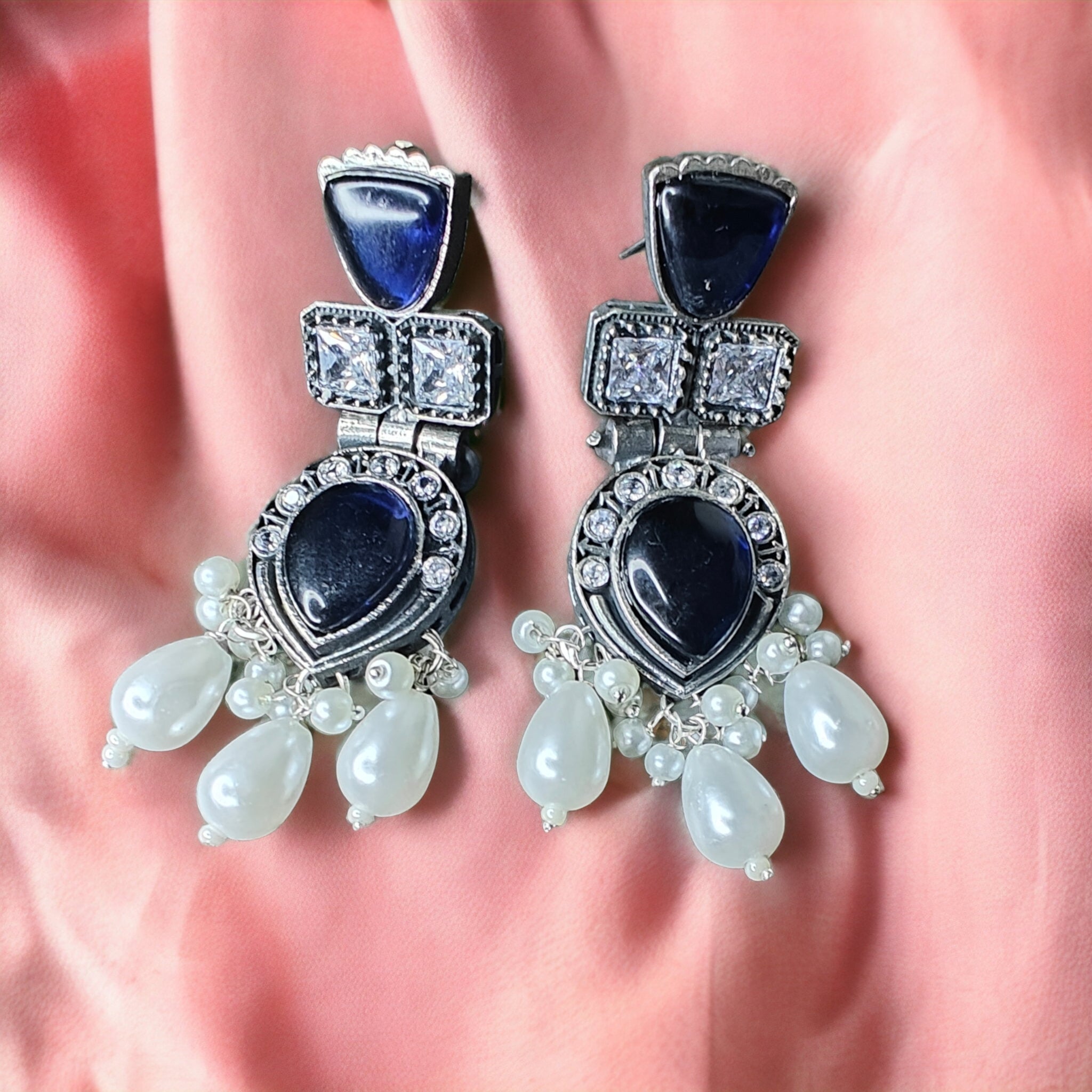 Kavya Silver Replica Earrings- Blue