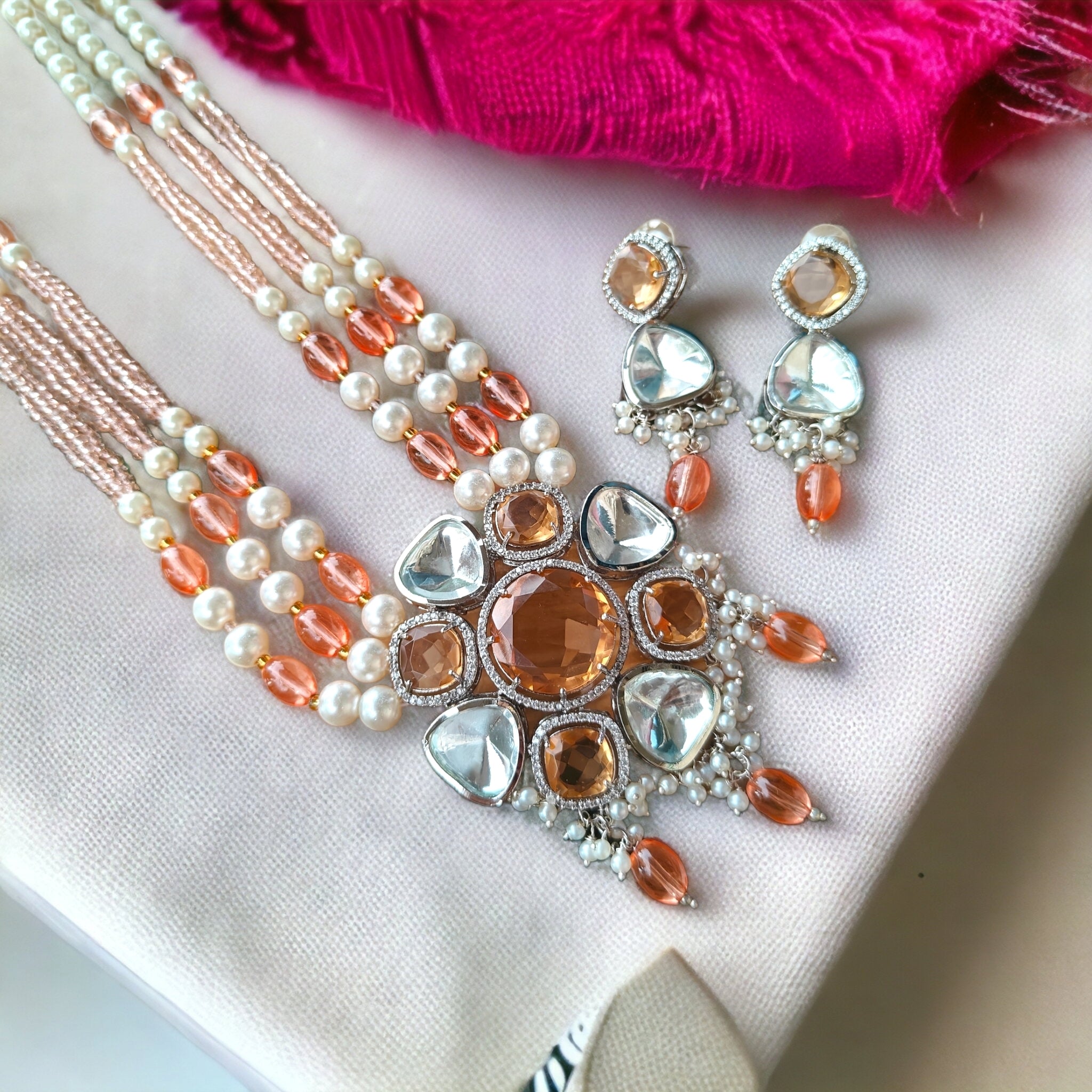 Eva Premium Polki Long Necklace- Peach