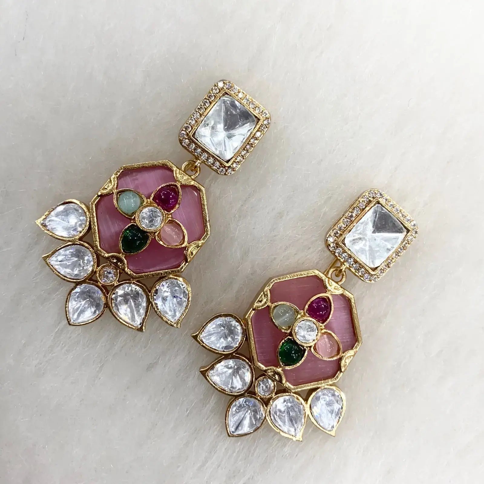 Krutika Uncut Moissanite Polki Earrings - Pink