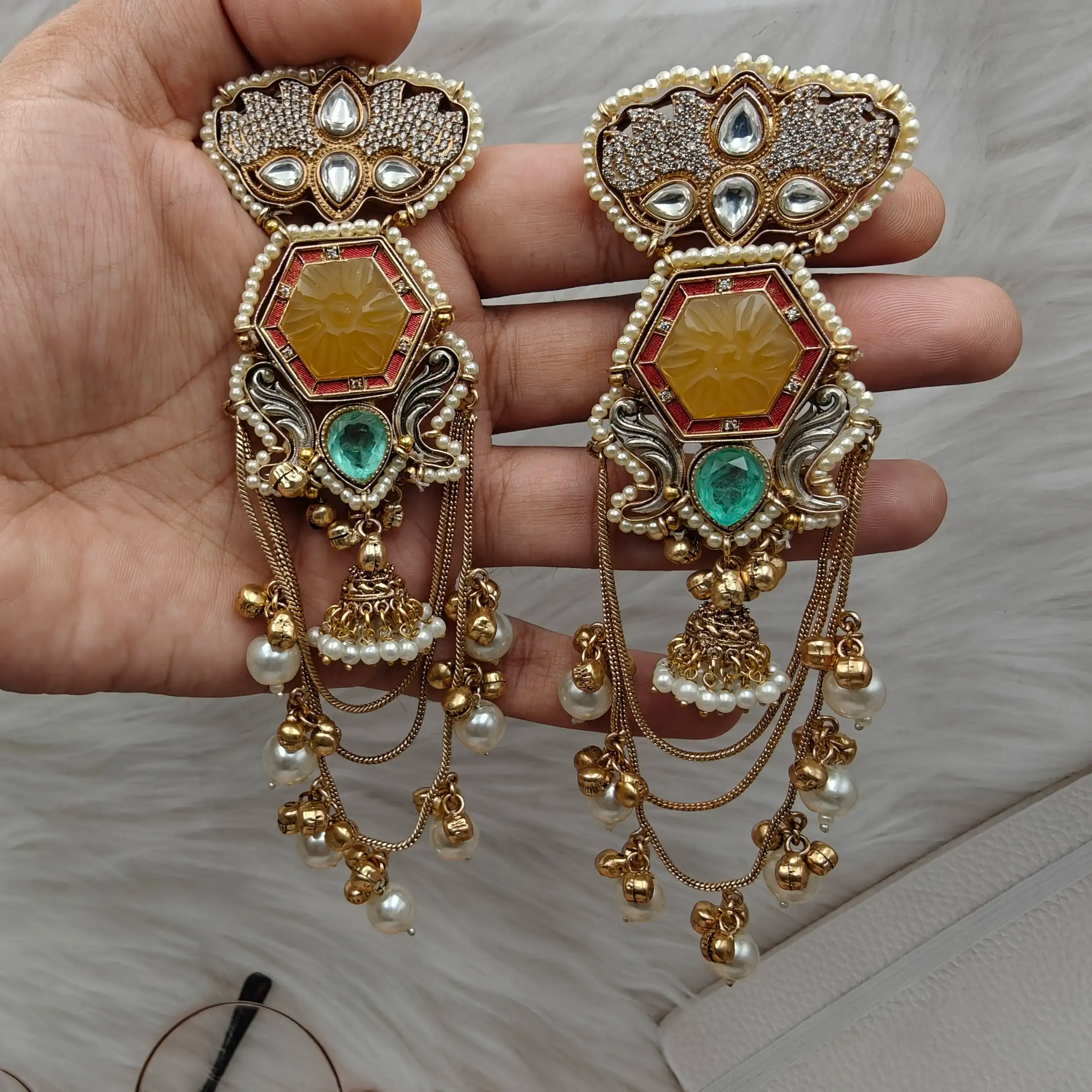 Farhana Brass Fusion Kashmiri Earrings - Yellow n Mint