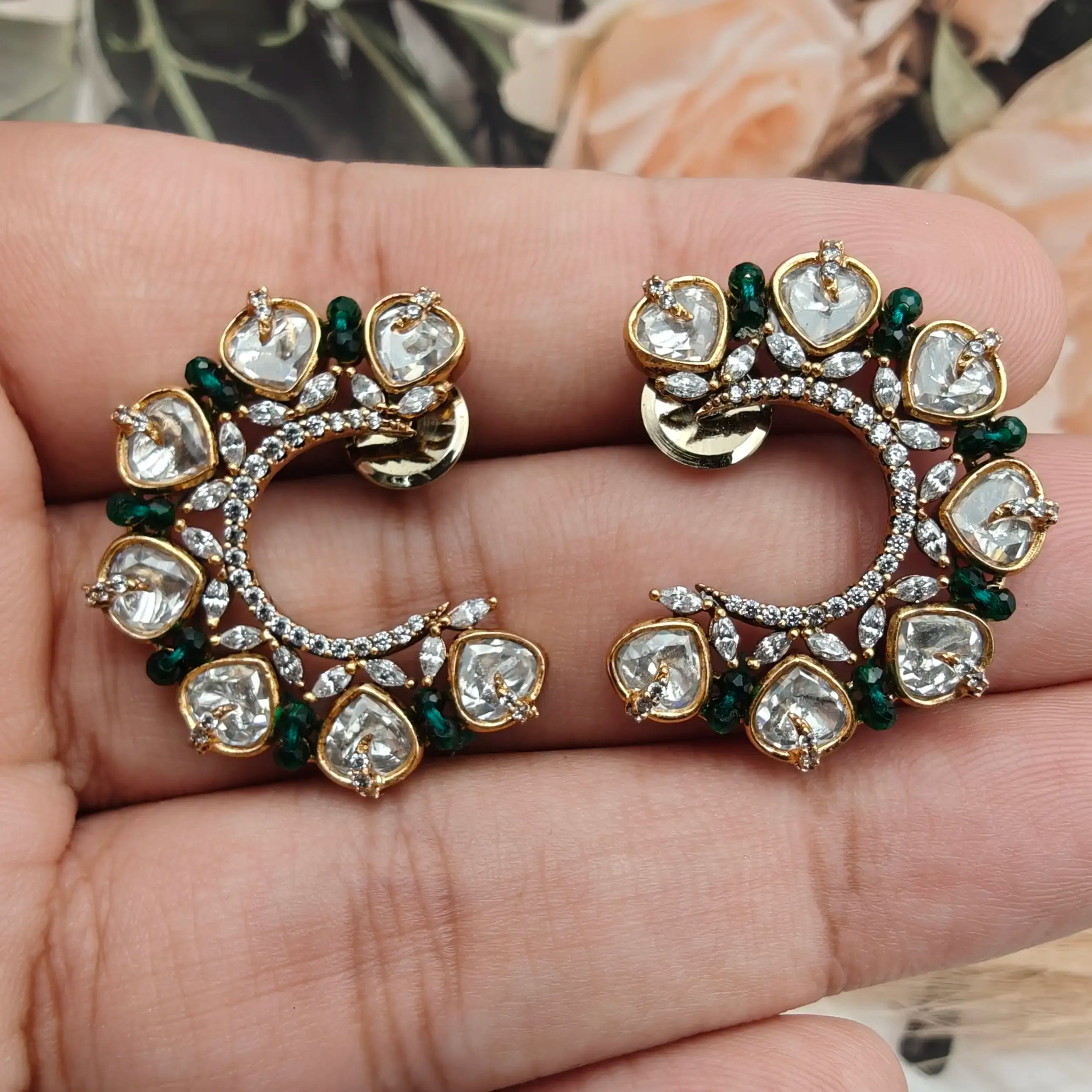 Roshani Uncut Polki with Onyx beads Half Hoops- Green