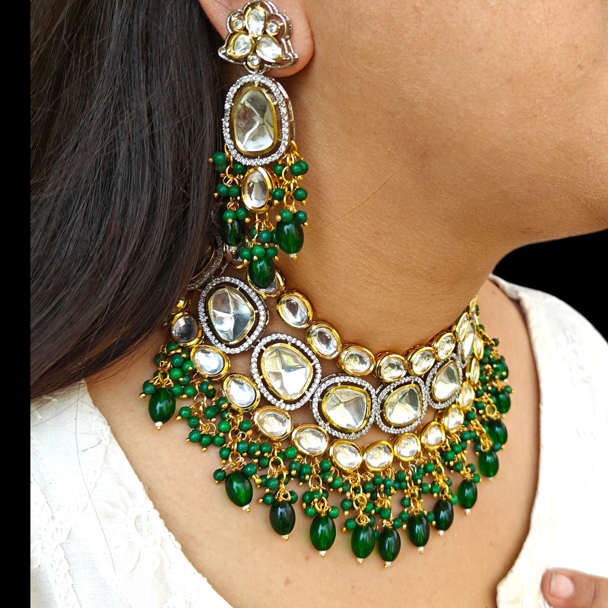 Kundan Polki Fusion Necklace- Green