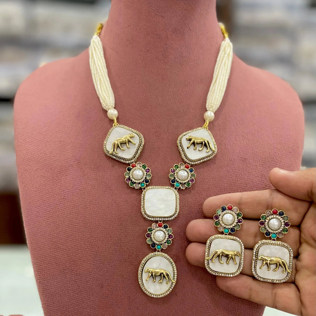 Sabyasachi Inspired Rasha Jaguar Shell Stone Necklace Set - Mint Pink