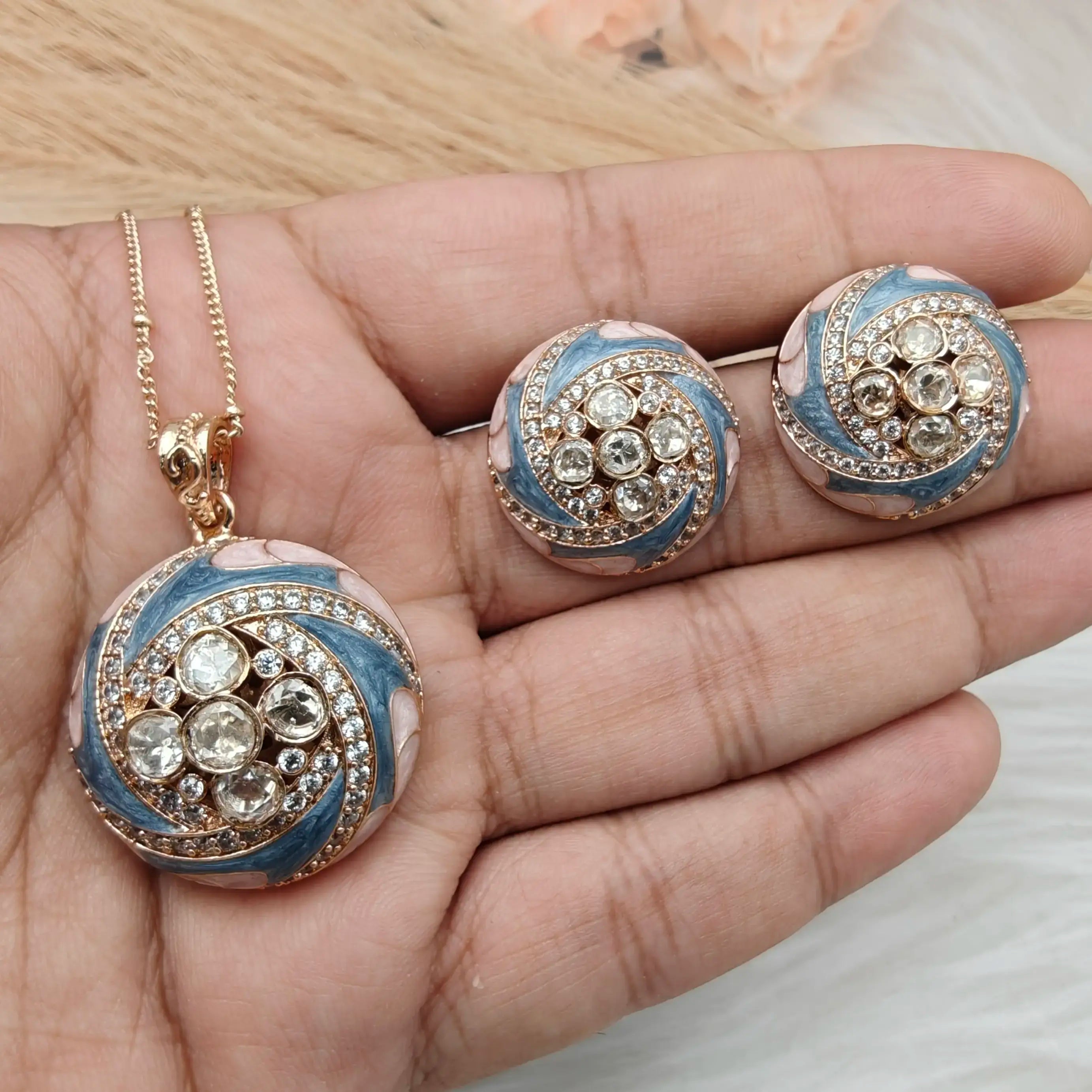 Aakruti Italian Enamel Moissanite Pendant Set - Midnight Blue n Pink