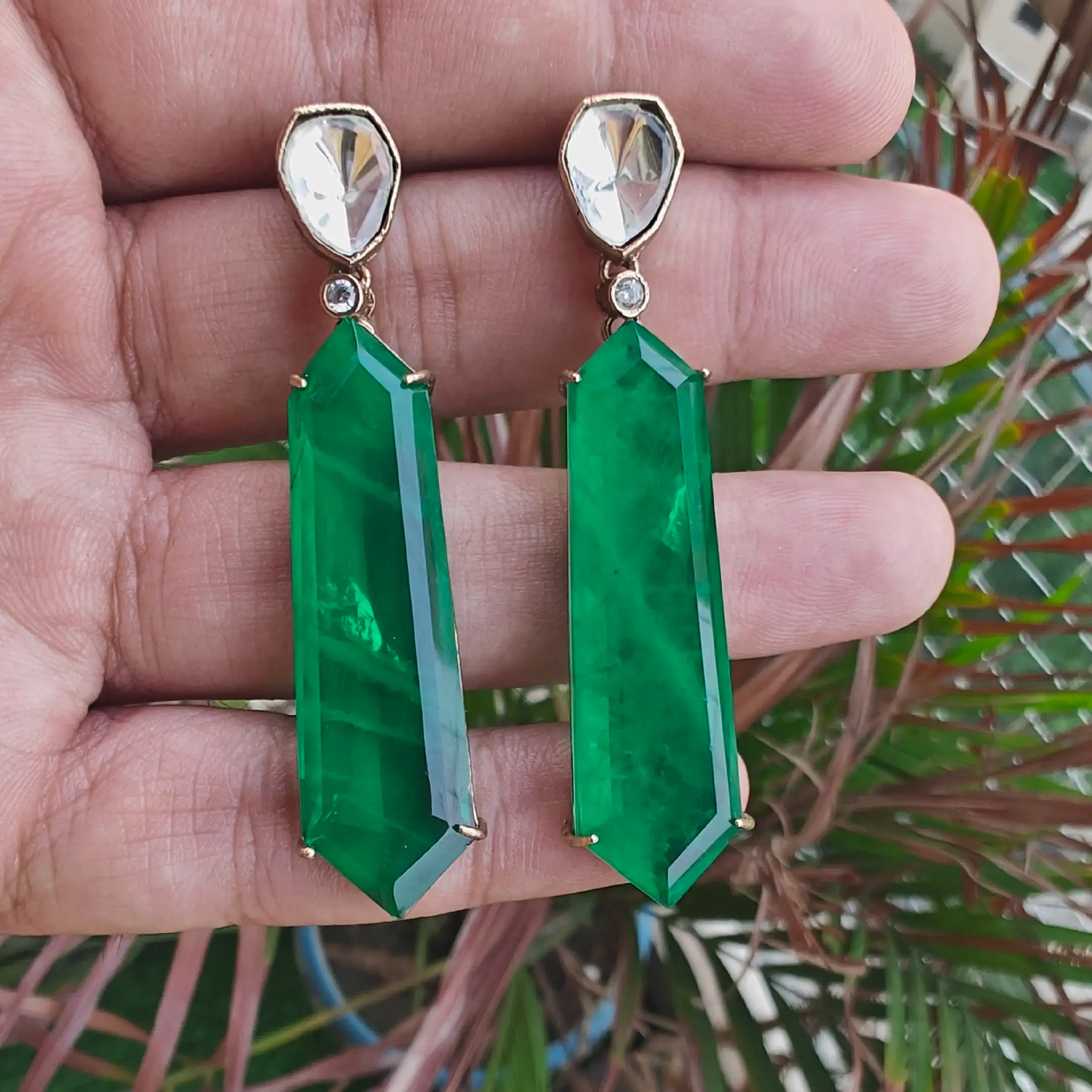 Kavya Doublet Uncut Polki Earrings- Emerald Green
