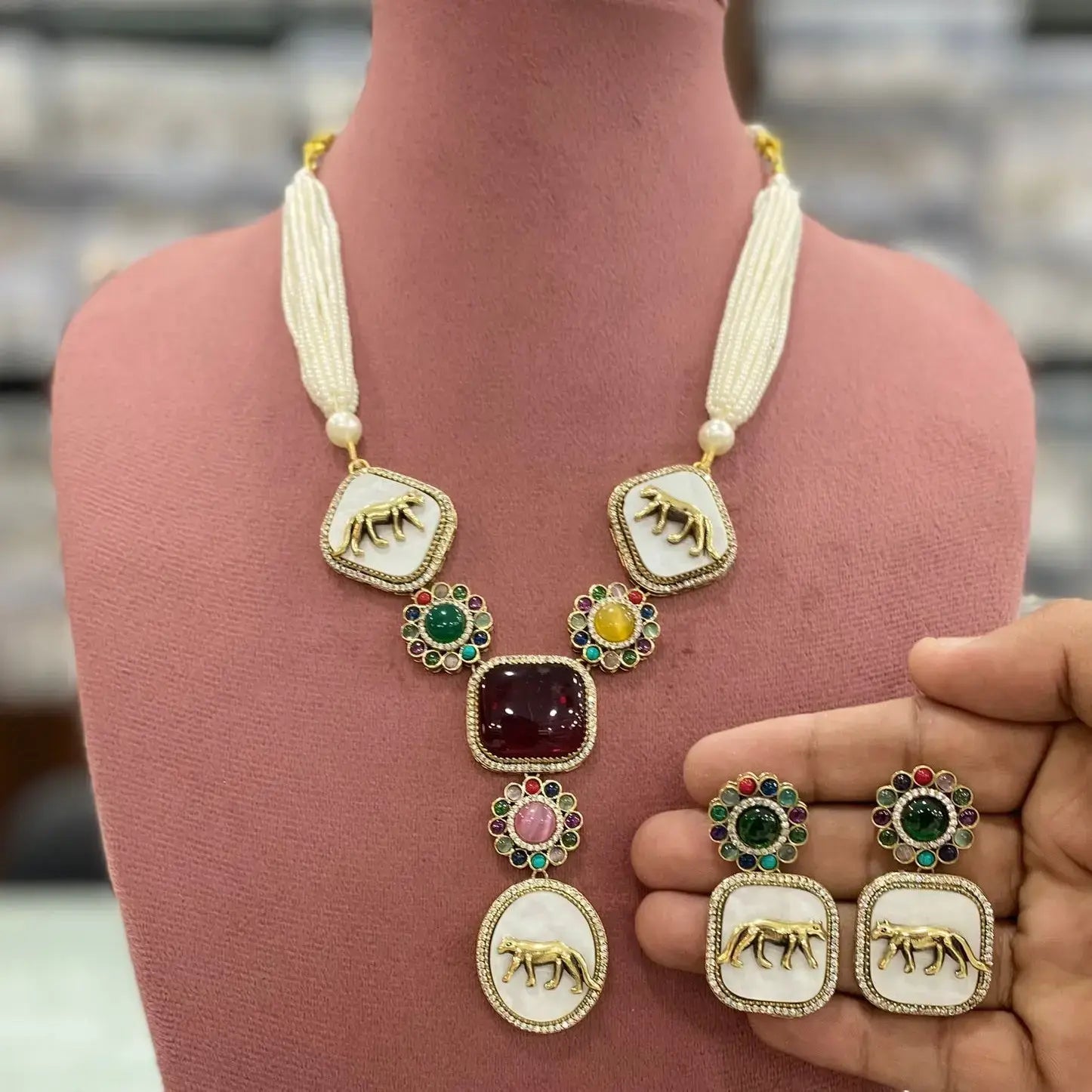 Sabyasachi Inspired Rasha Jaguar Shell Stone Necklace Set - Multi