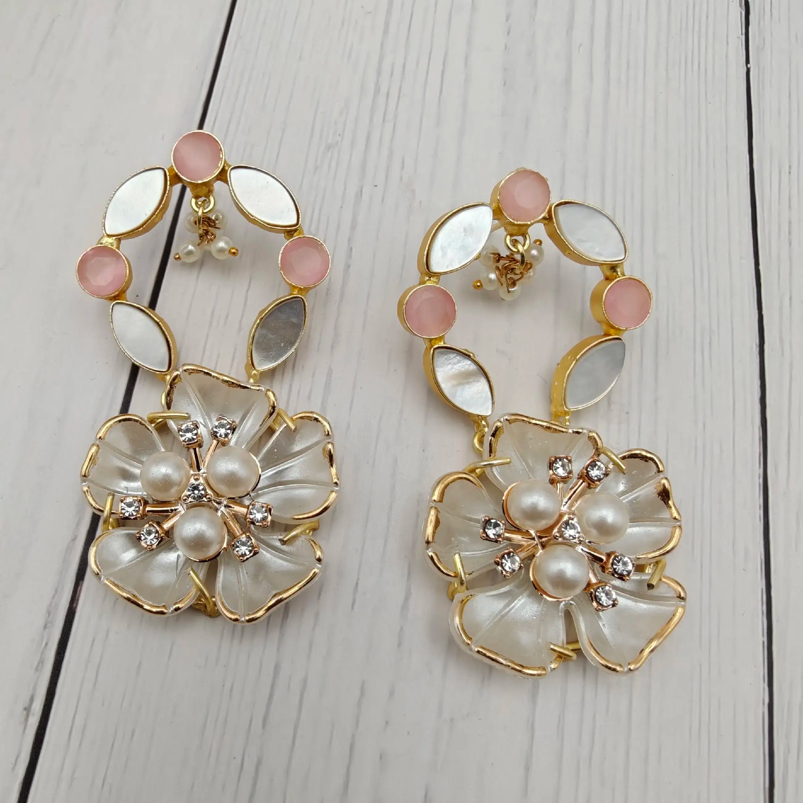 Floria Mother Of Pearl Statement Earrings - Pink N White