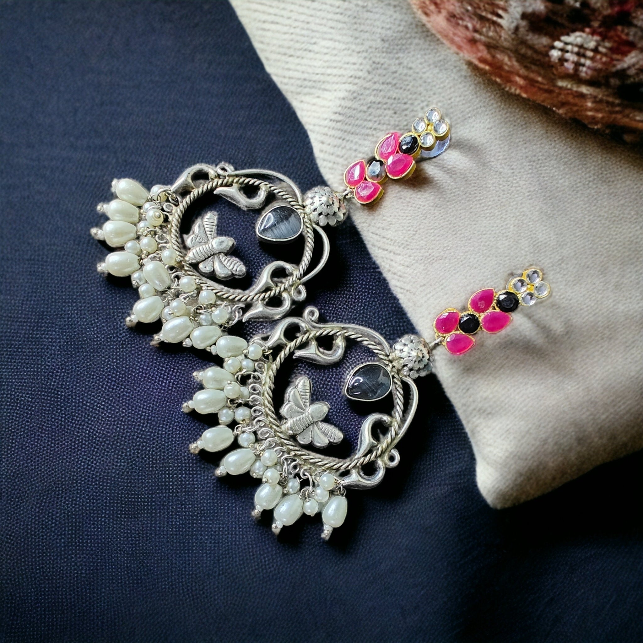 Sana Tribal Silver Earrings- Grey