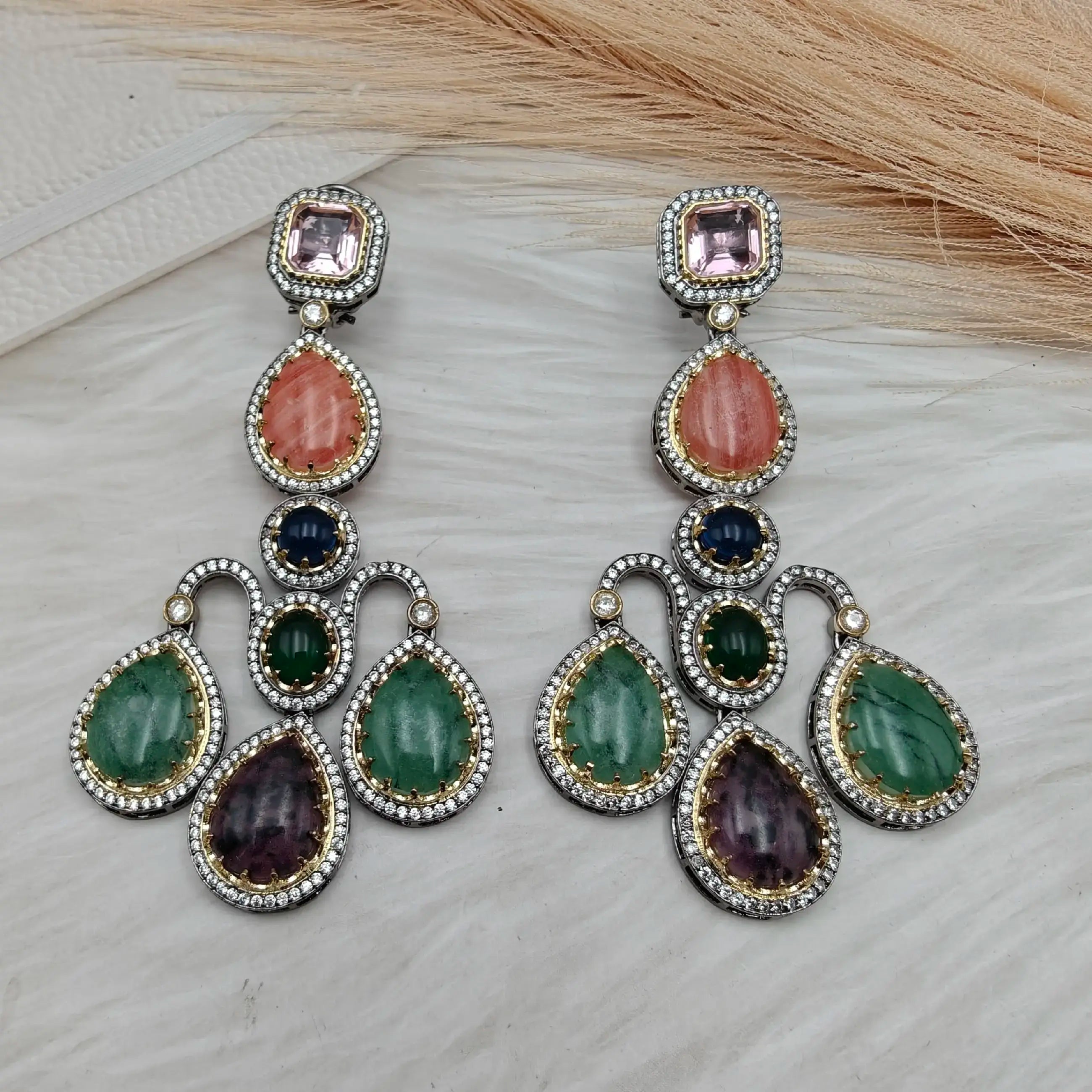 Sabyasachi Inspired Eklavya Premium Earrings - Rose Quartz Multi