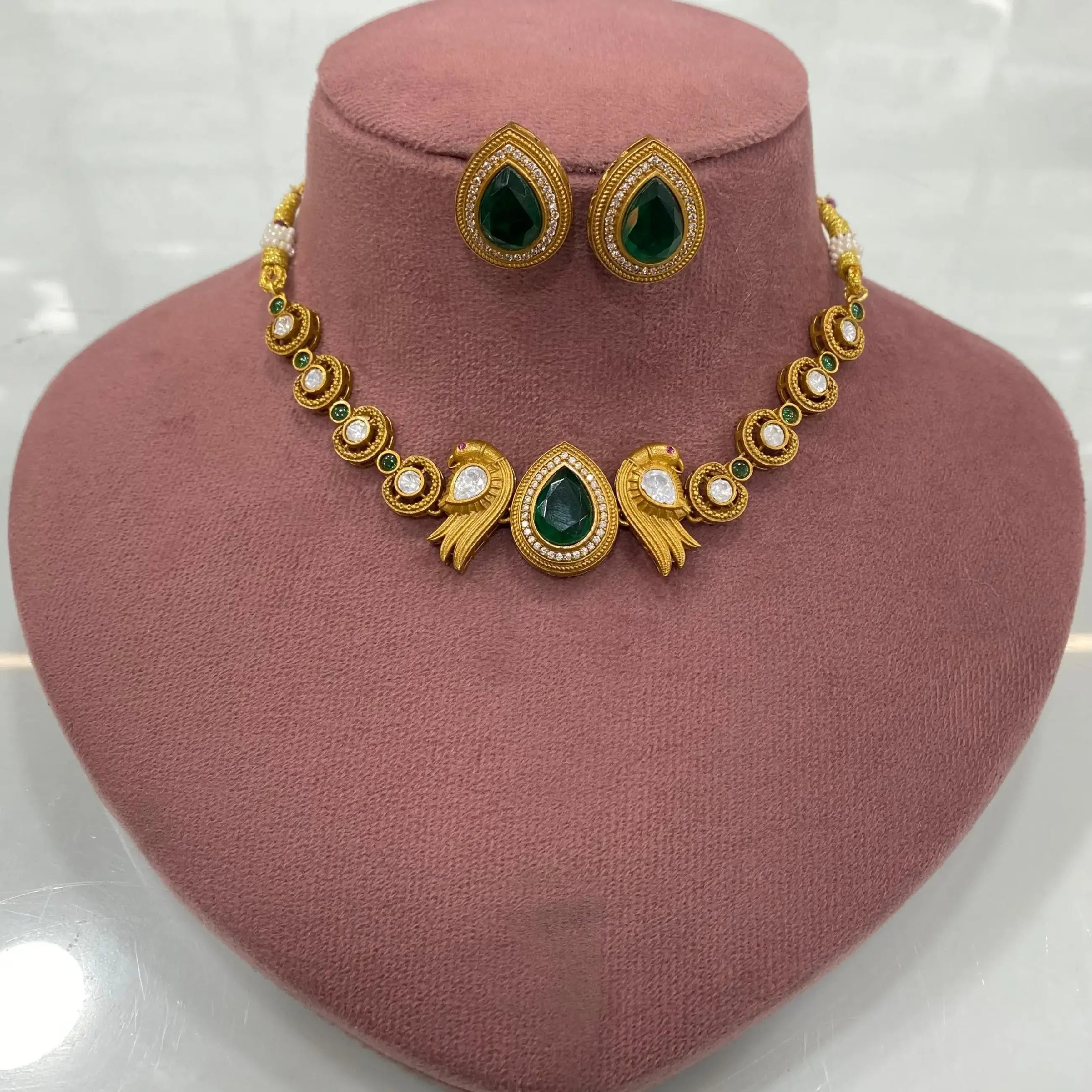 Khushi Doublet Sleek Necklace Set - Emerald Green