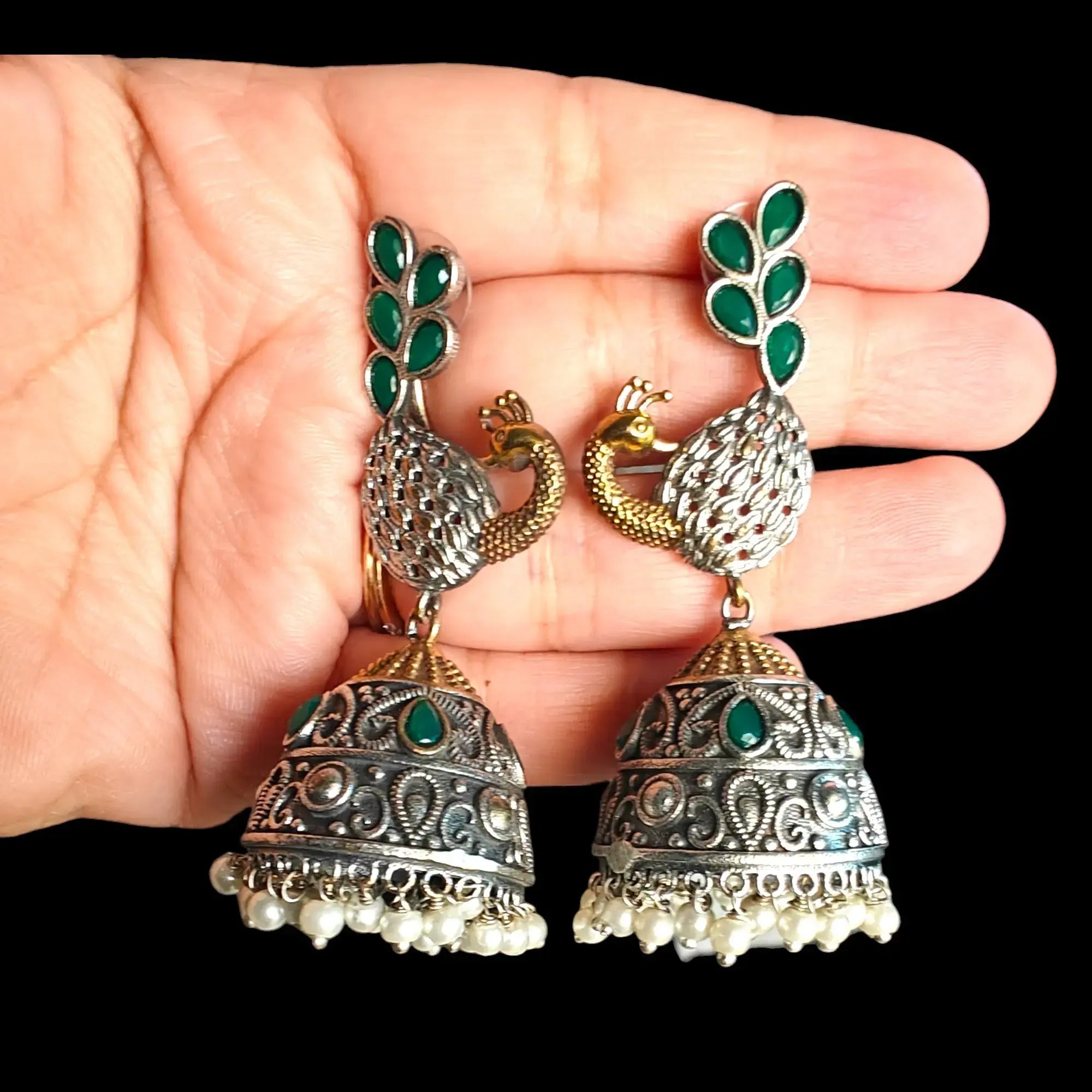 Peacock Silver Jhumki - Green