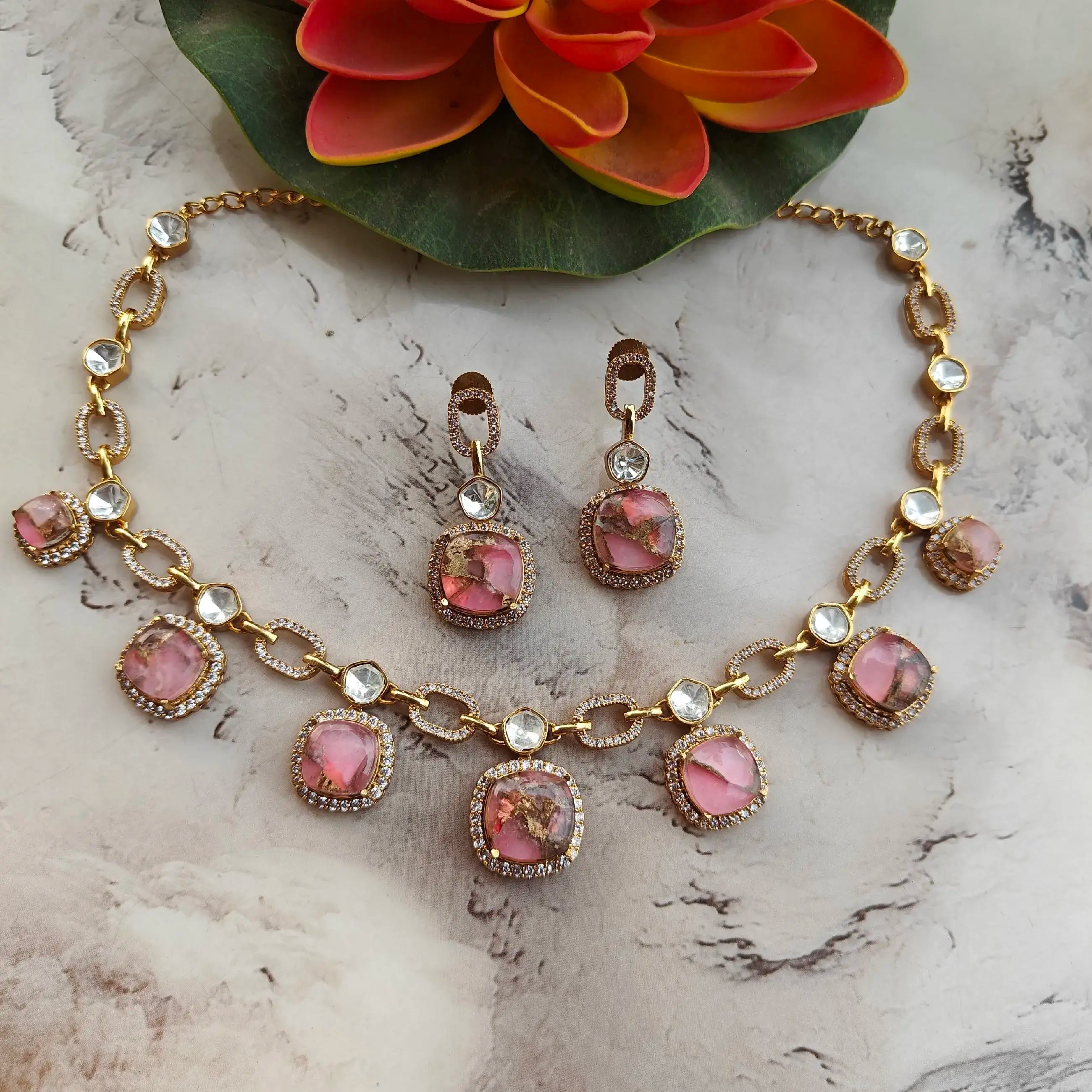 Aaryah Tourmaline Doublet Moissanite Polki Necklace Set - Pink