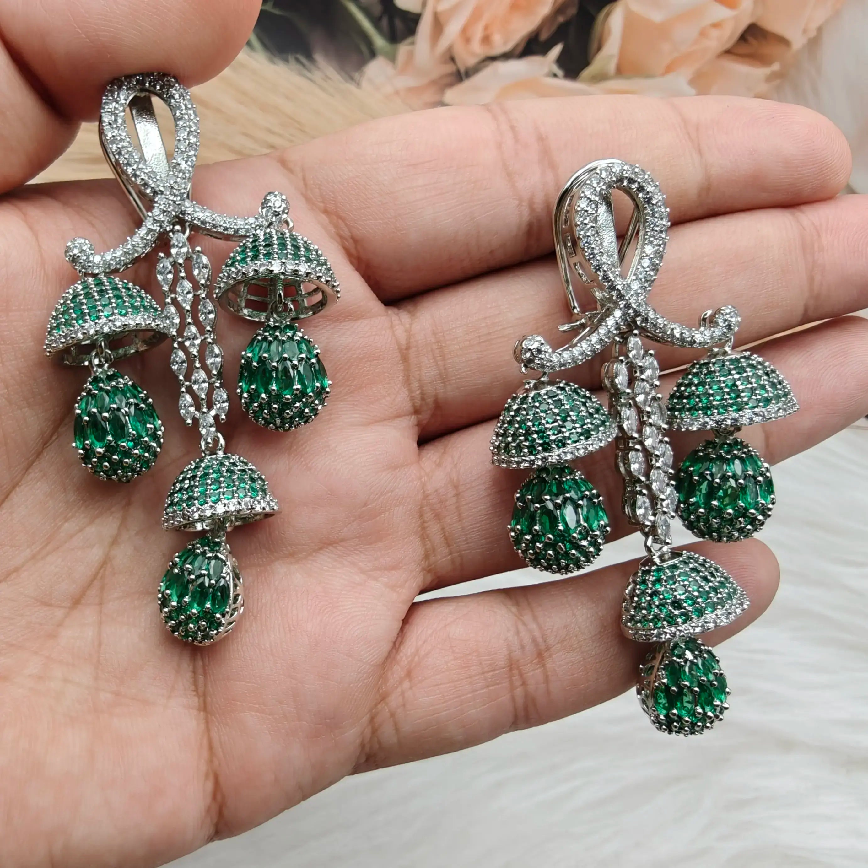 Shravani Cocktail AD Celebrity Style Earrings - Green