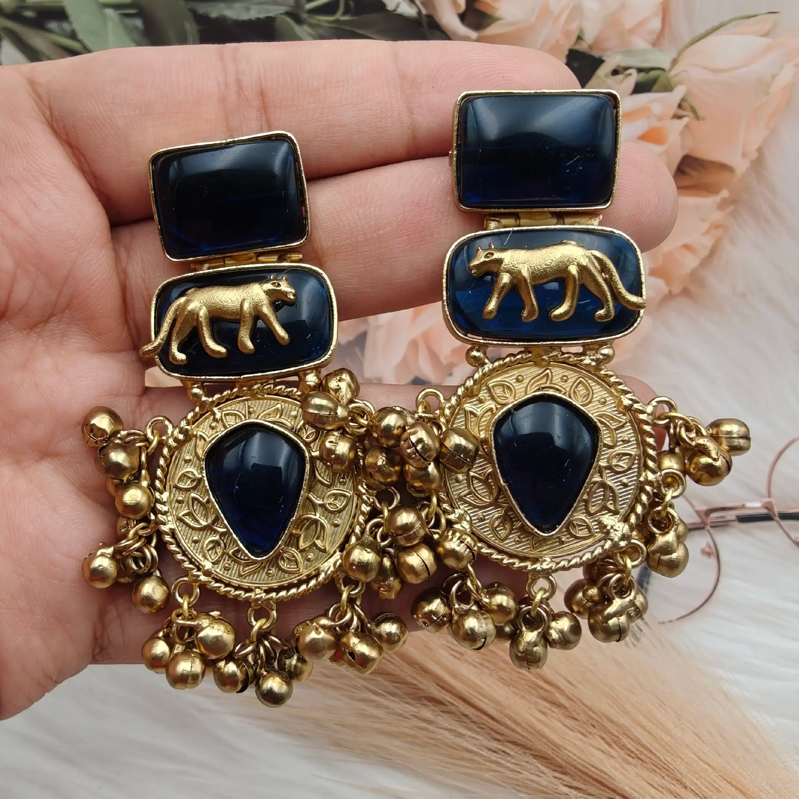 Sabyasachi Inspired Jaguar Amrapali Brass Fusion Earrings - Blue