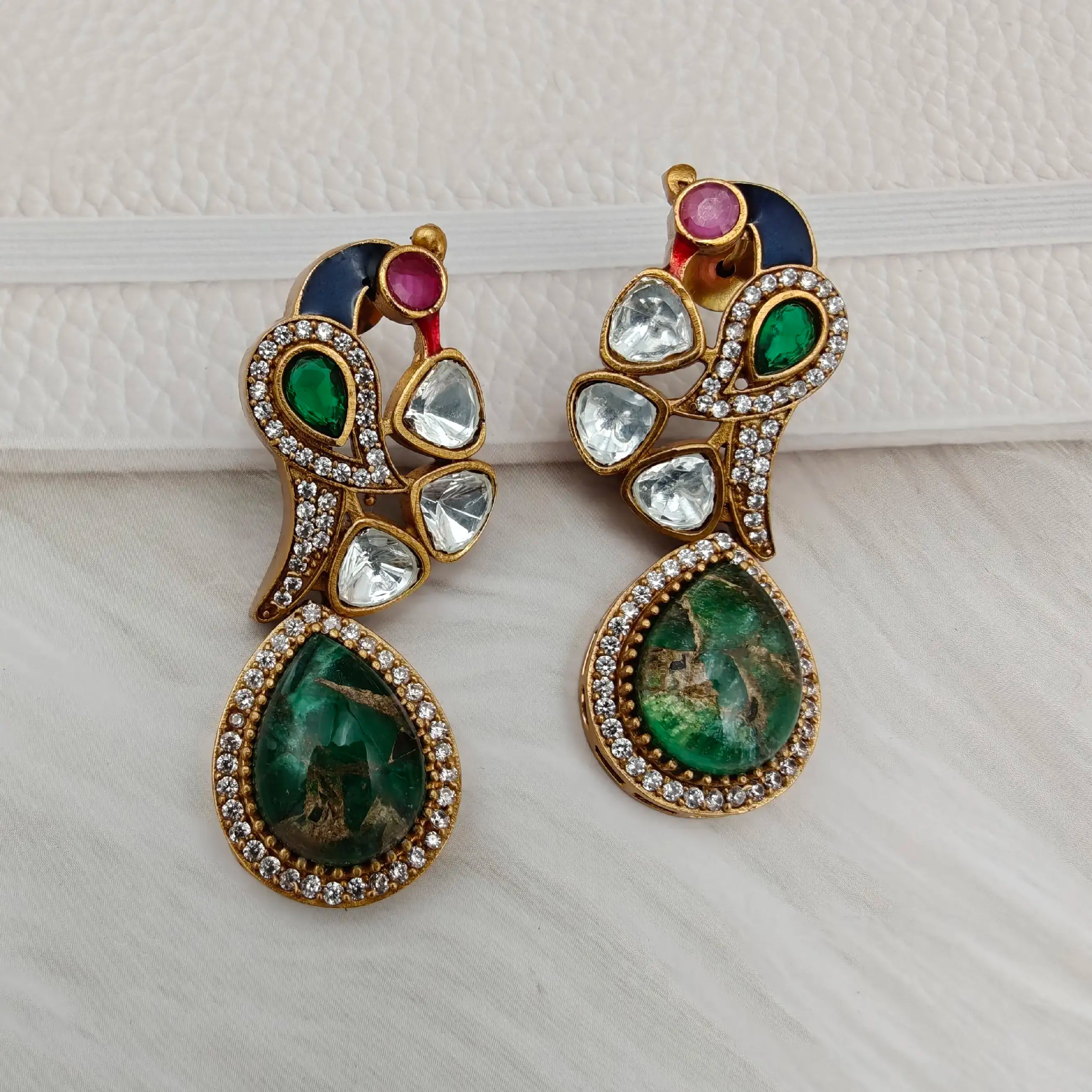 Parvana Tourmaline Doublet Uncut Moissanite Polki Earrings - Green