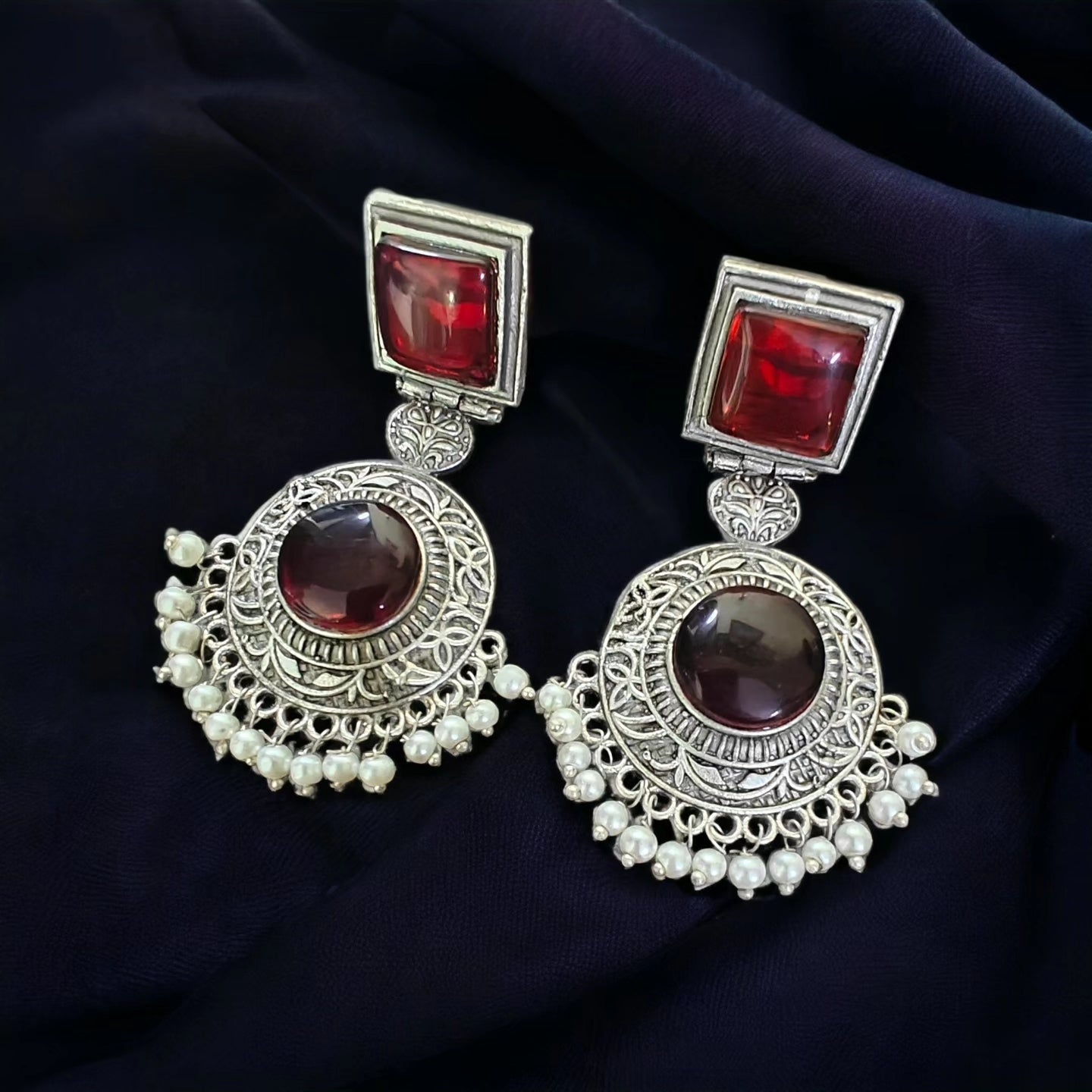 Monalisa Silver Gajra Moti Earrings- Maroon