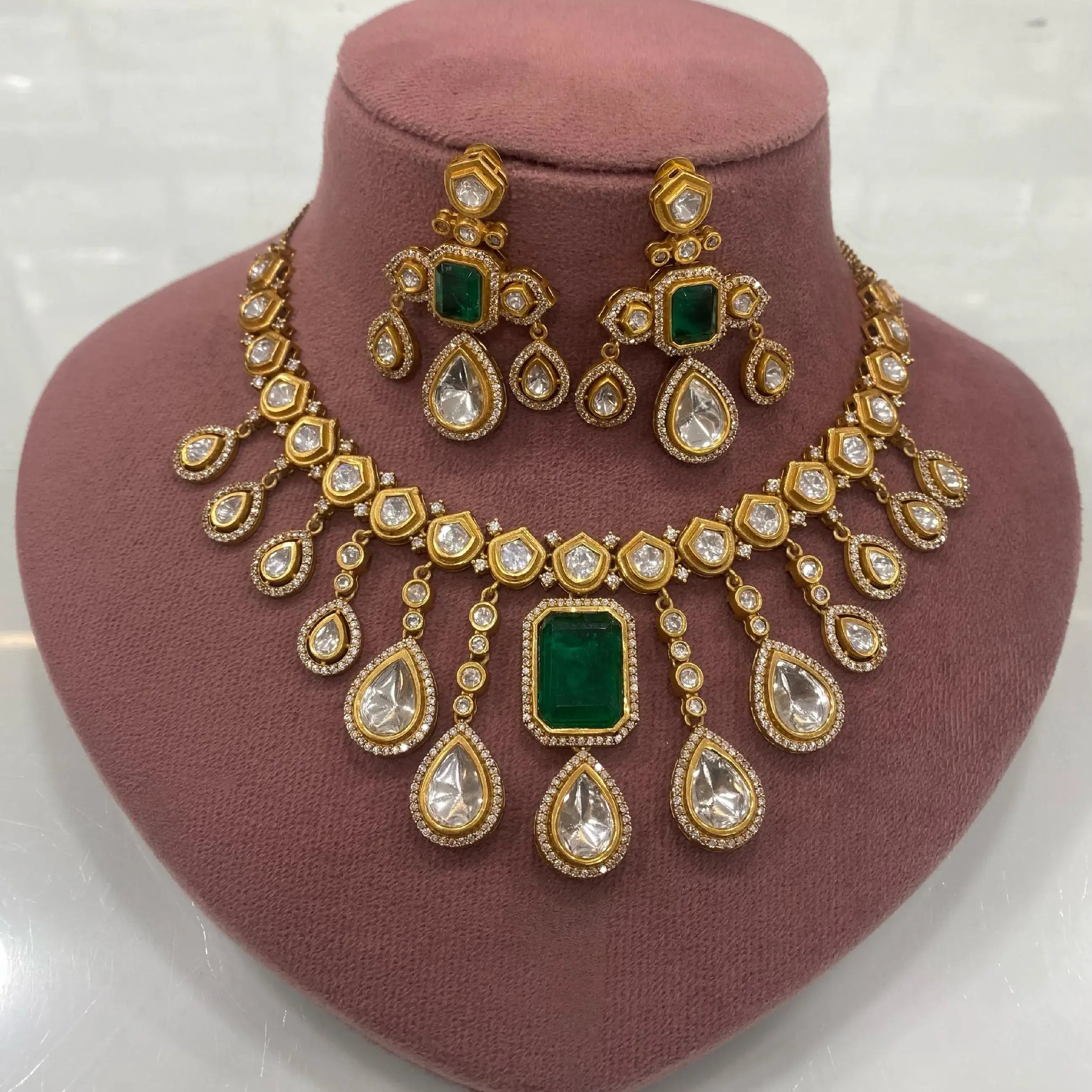 Kahani Doublet Uncut Moissanite Polki Necklace Set - Green
