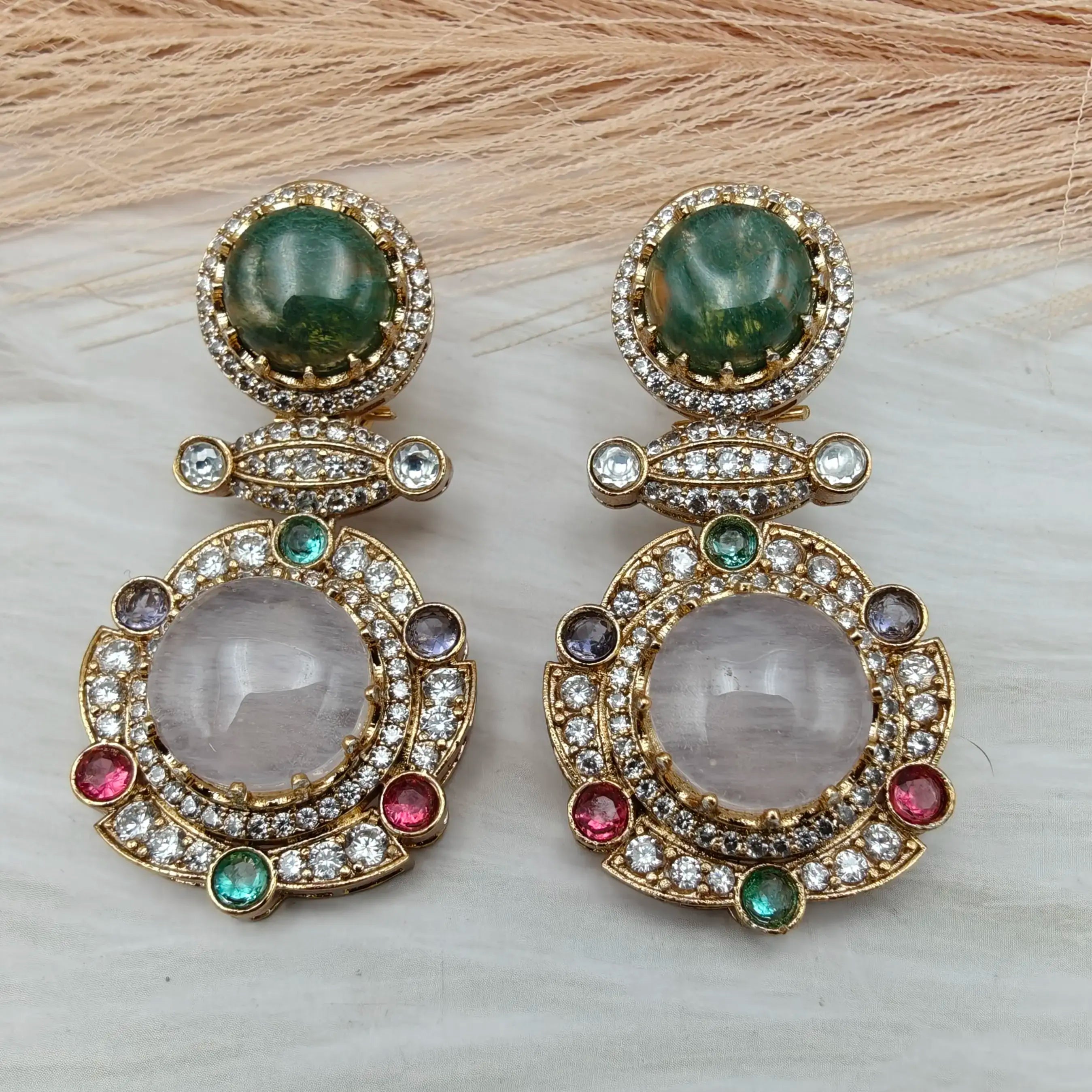 Zahana Natural Stones Statement Earrings- Olive green n White