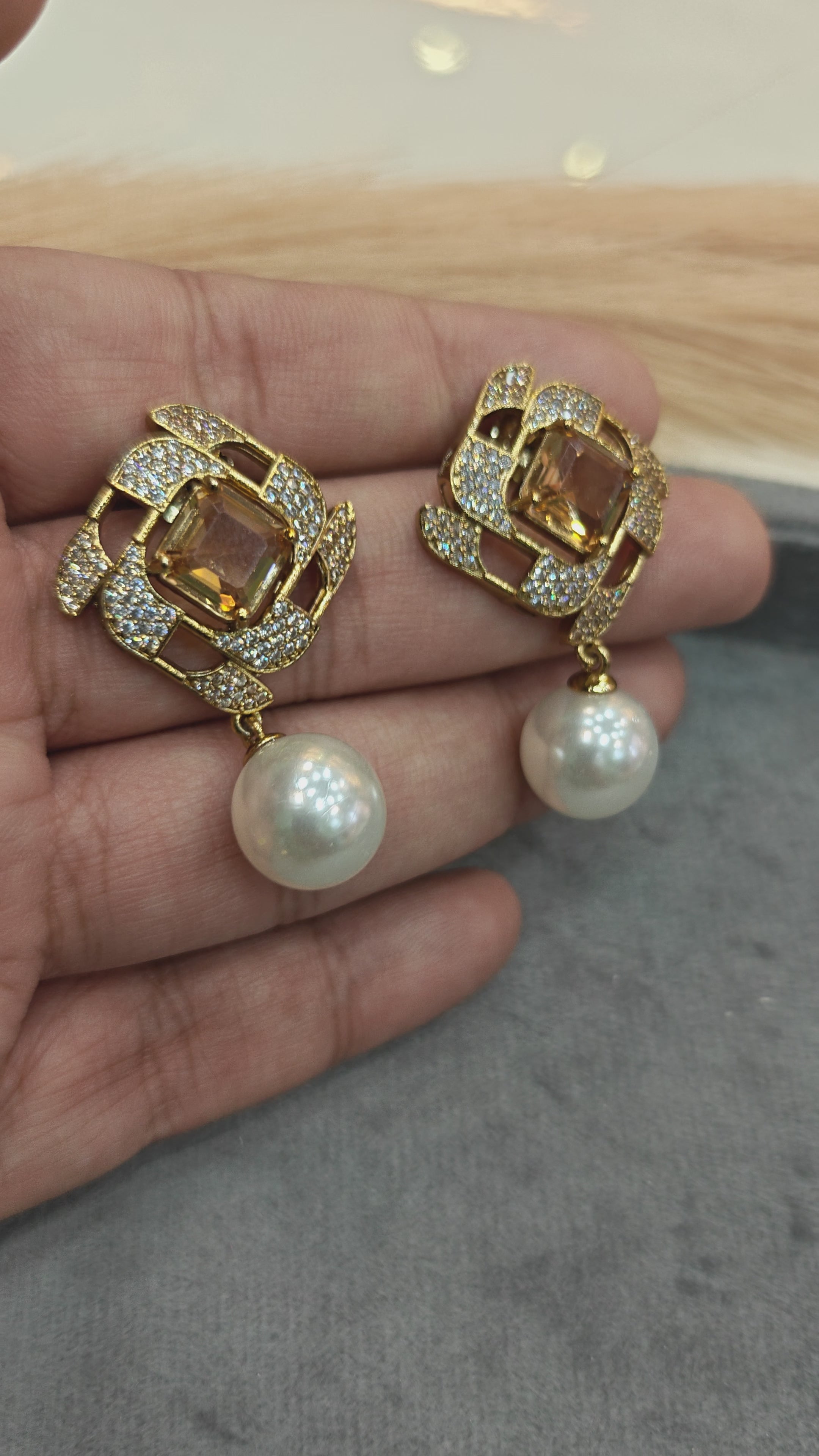 Shaanvi Sabyasachi Inspired Pearl Drop Stud Earrings- Champagne