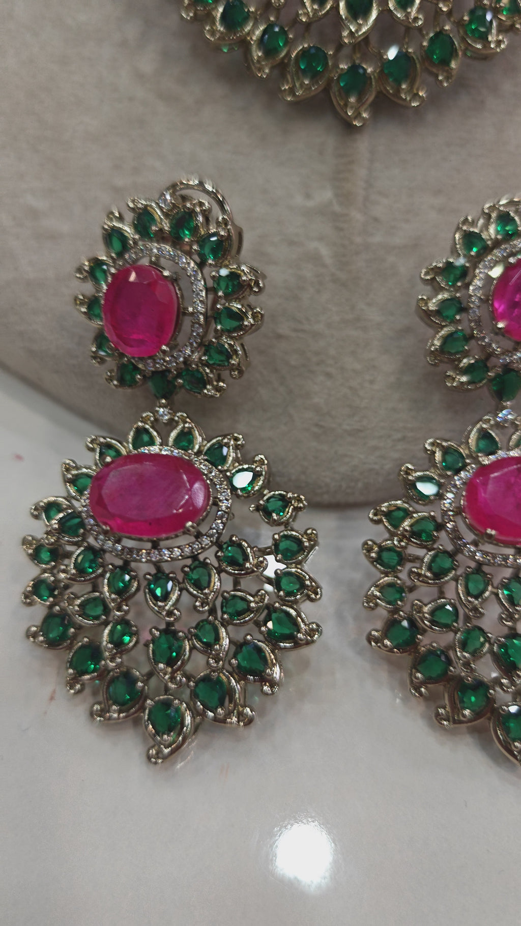 Ratiya Designer Collection Statement Necklace Set- Green and Hot Pink