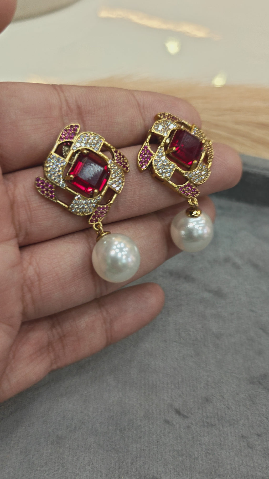 Shaanvi Sabyasachi Inspired Pearl Drop Stud Earrings- Ruby