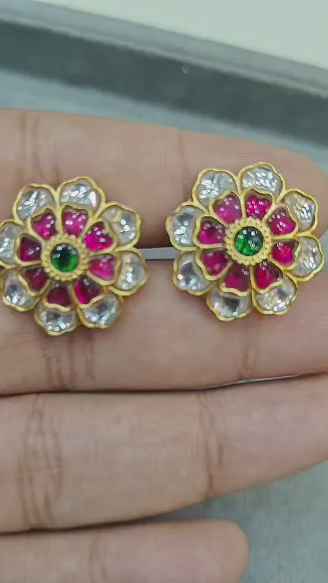 Kusum Jadau Pachi Kundan Gold plated Studs - Ruby Green