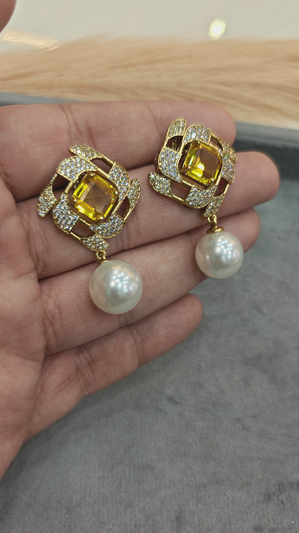Shaanvi Sabyasachi Inspired Pearl Drop Stud Earrings- Yellow Gold