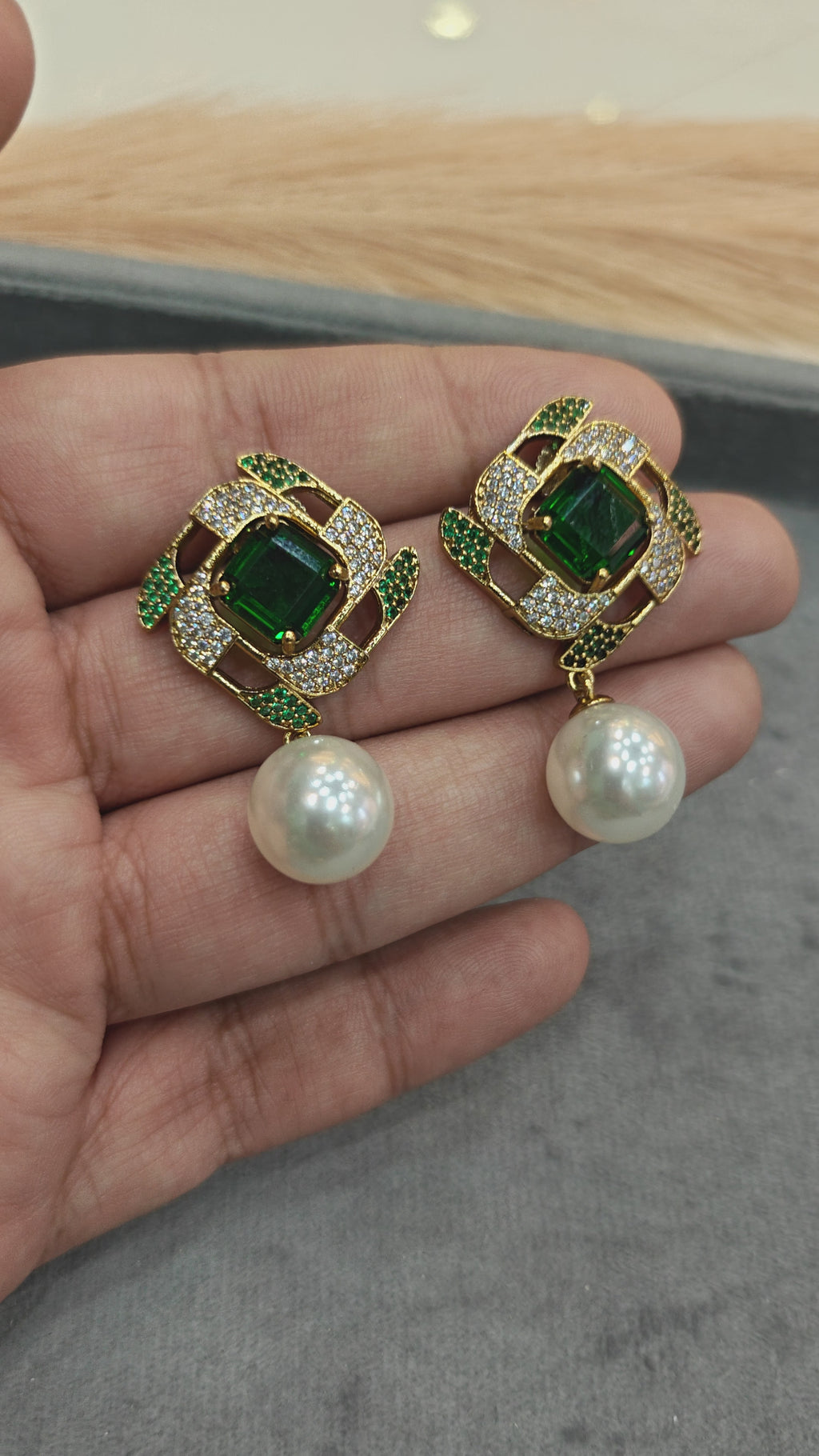 Shaanvi Sabyasachi Inspired Pearl Drop Stud Earrings- Emerald