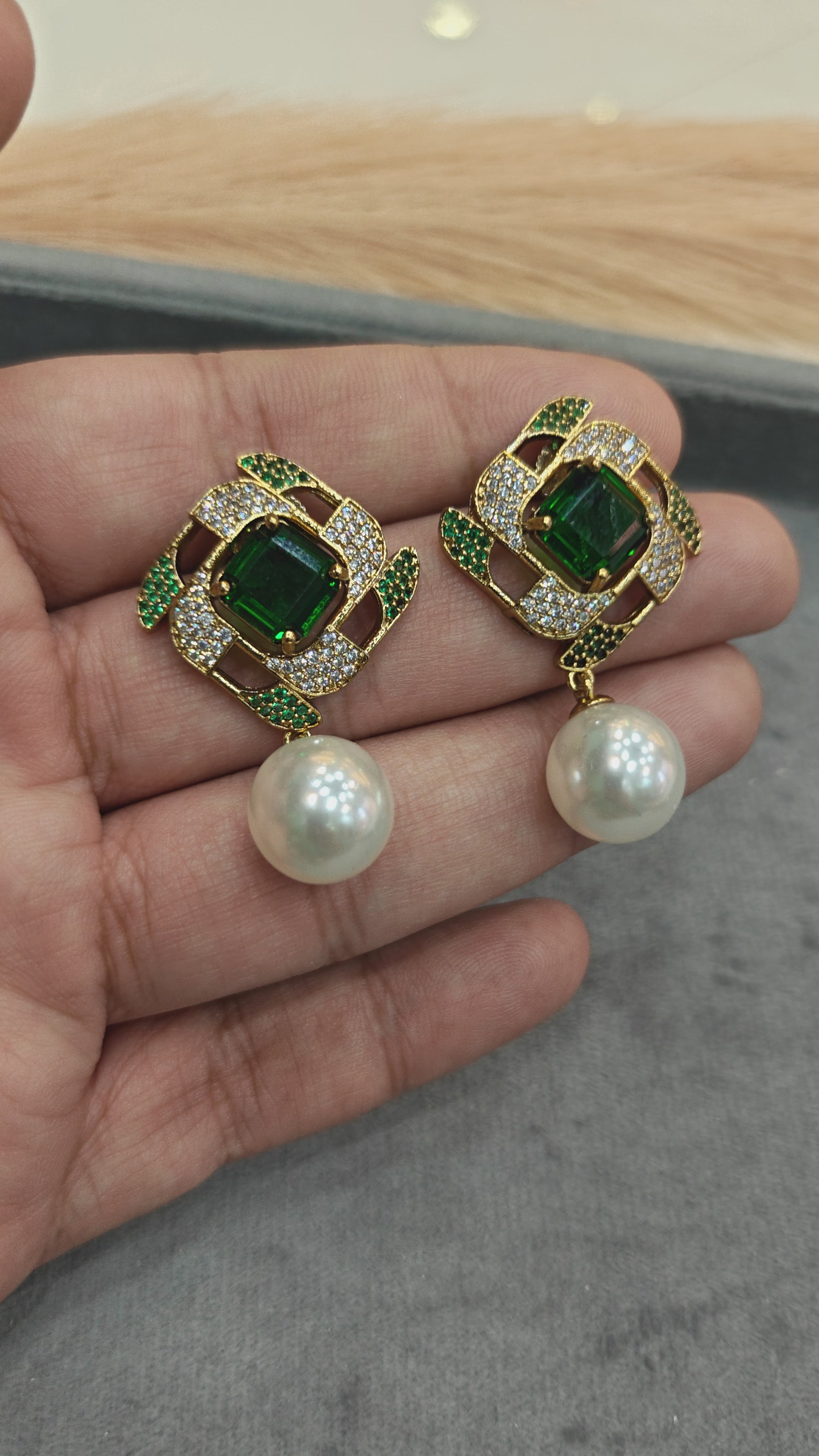 Shaanvi Sabyasachi Inspired Pearl Drop Stud Earrings- Emerald