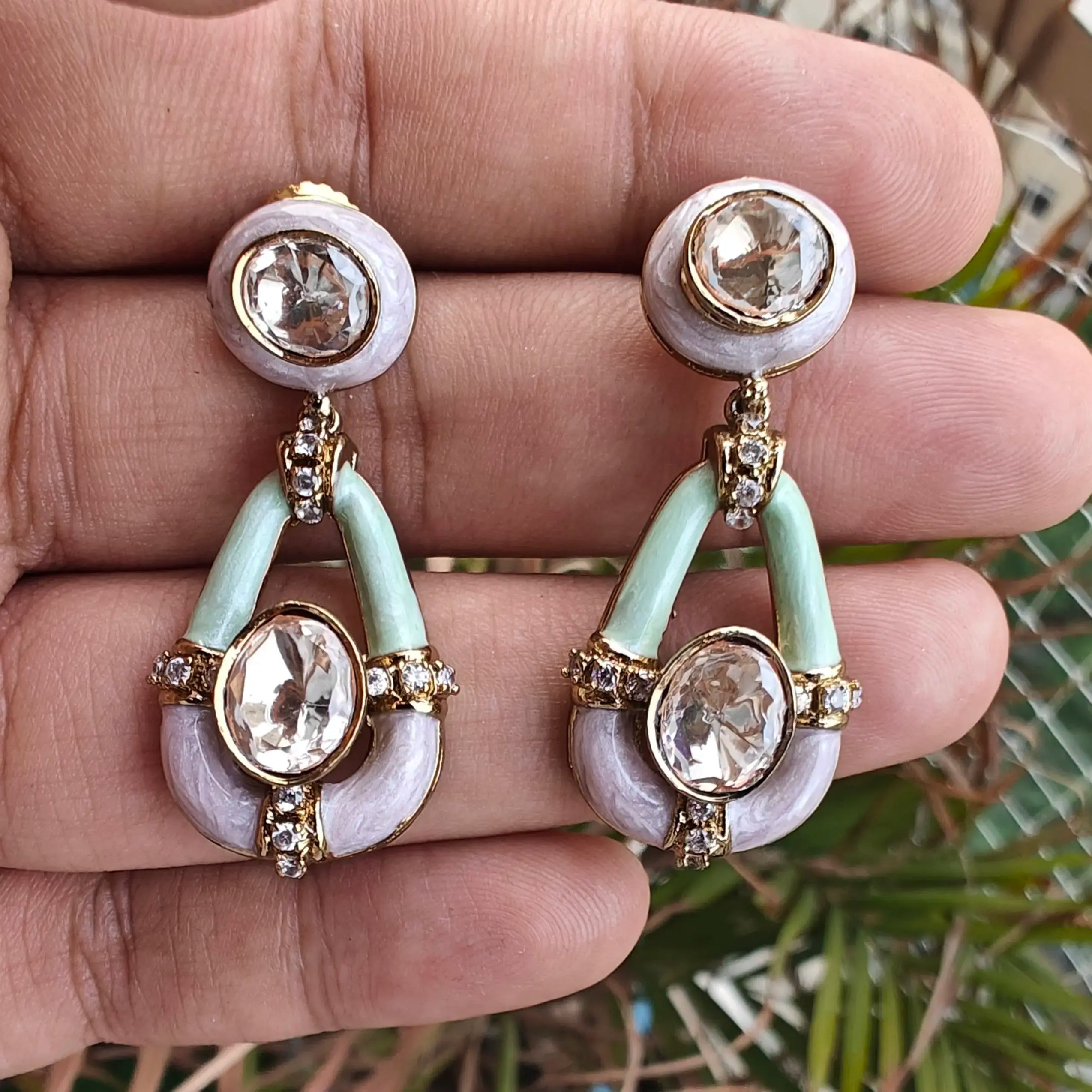 Kripa Moissanite Italian Meena Earrings- Mint N Purple