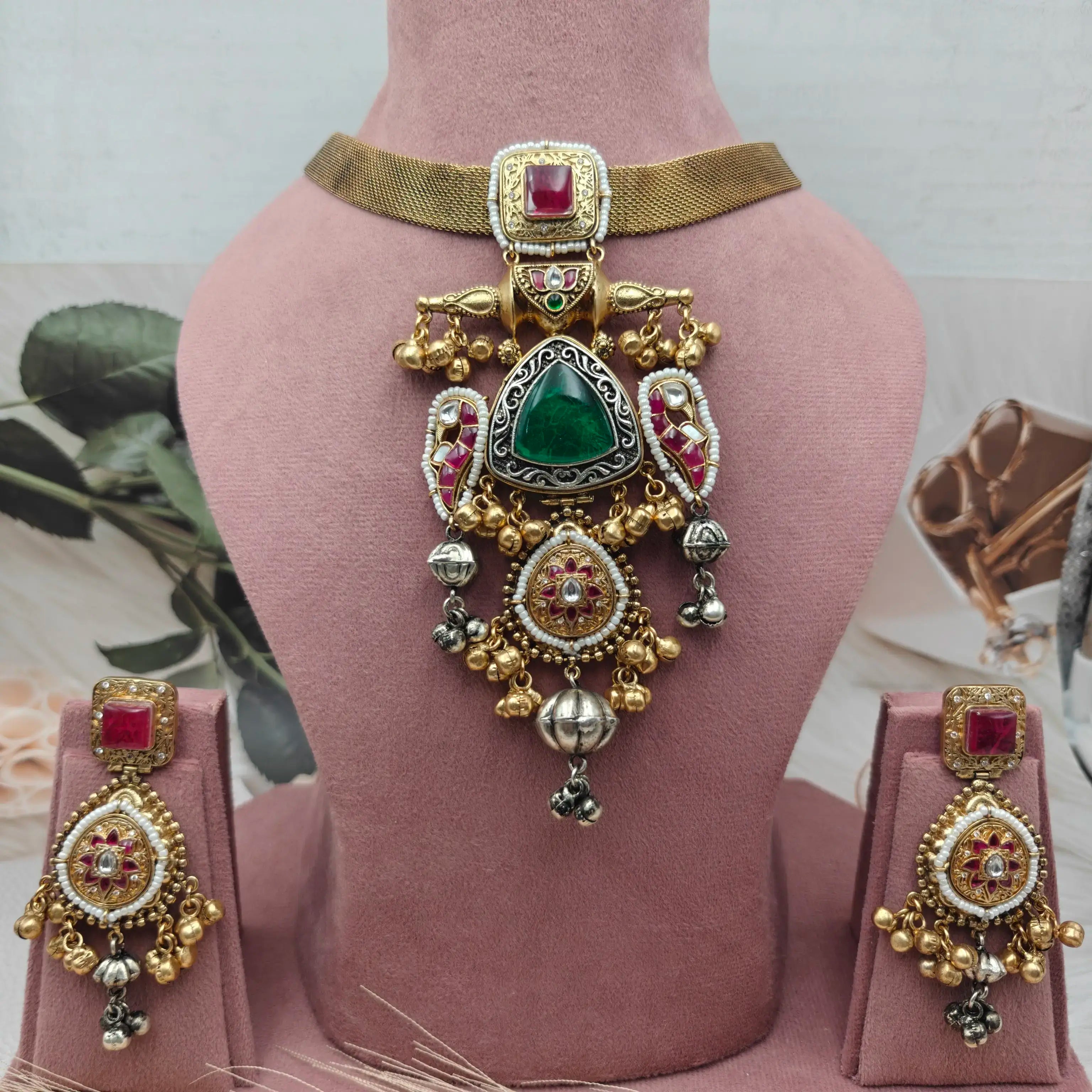 Bela Amrapali Brass Fusion Necklace Set - Green n Ruby