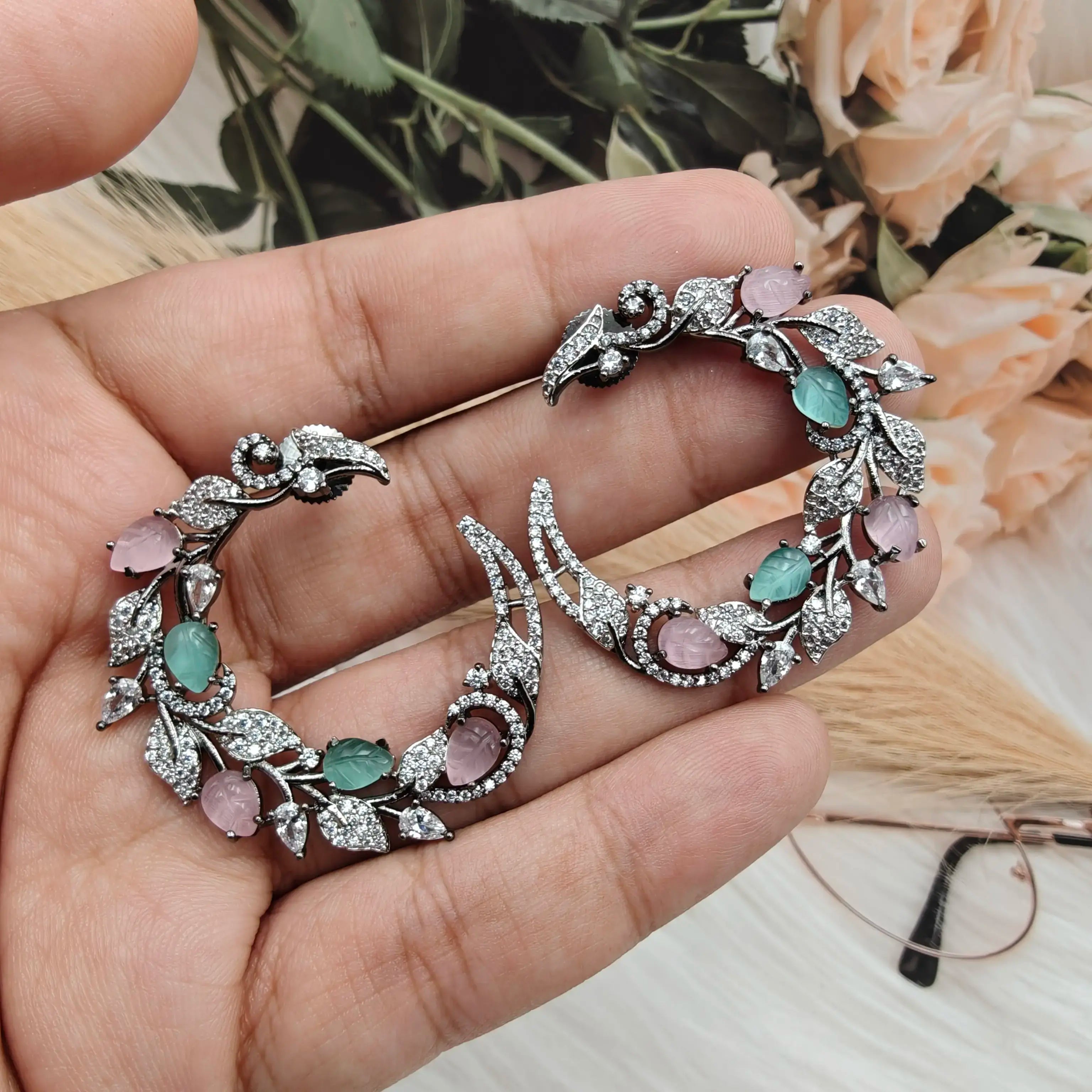 Saina Flora Cresent shape Hoops - Pink n Mint