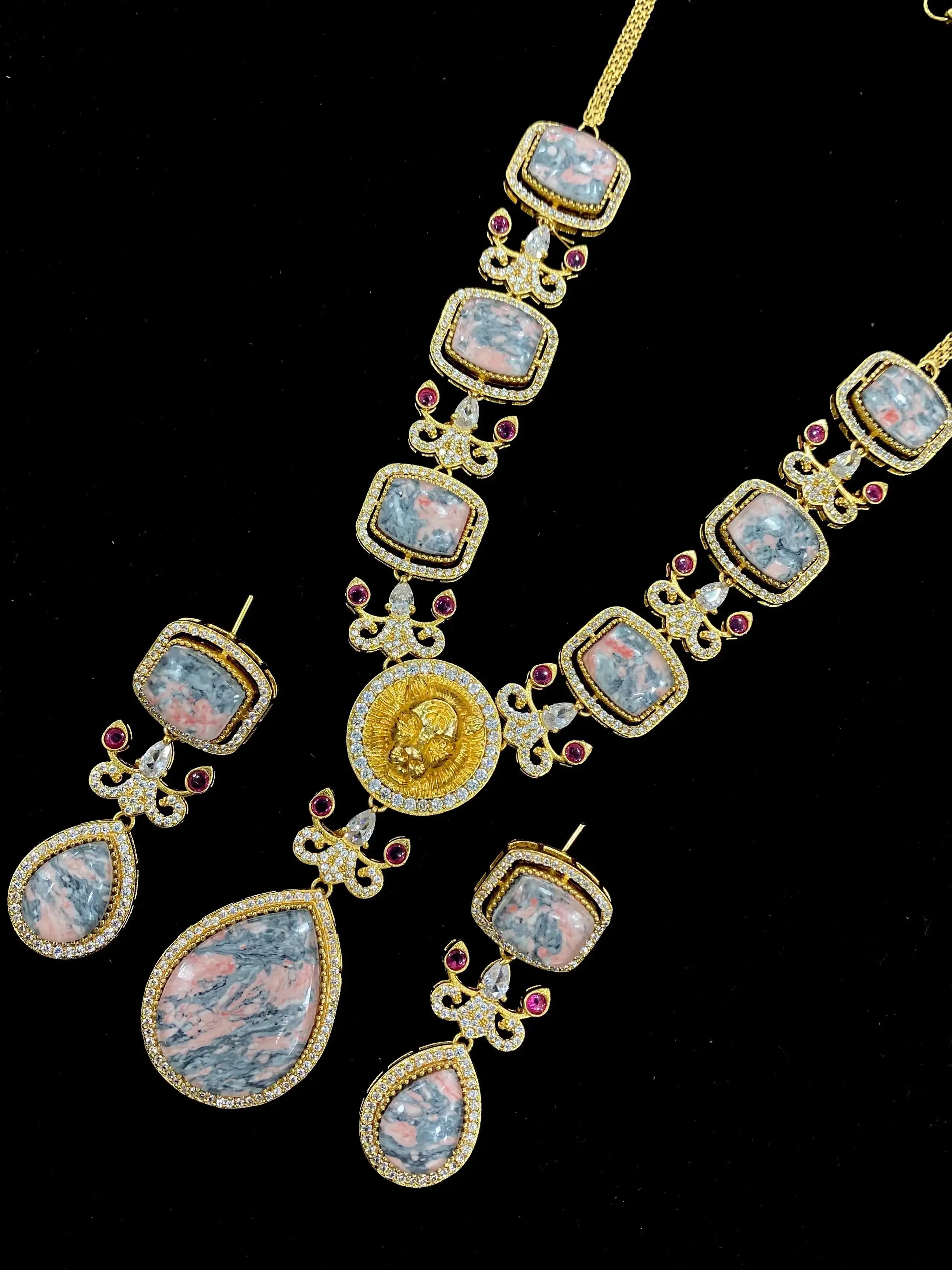 Tanishka Bagh Natural Stone Necklace Set - Grey n Pink